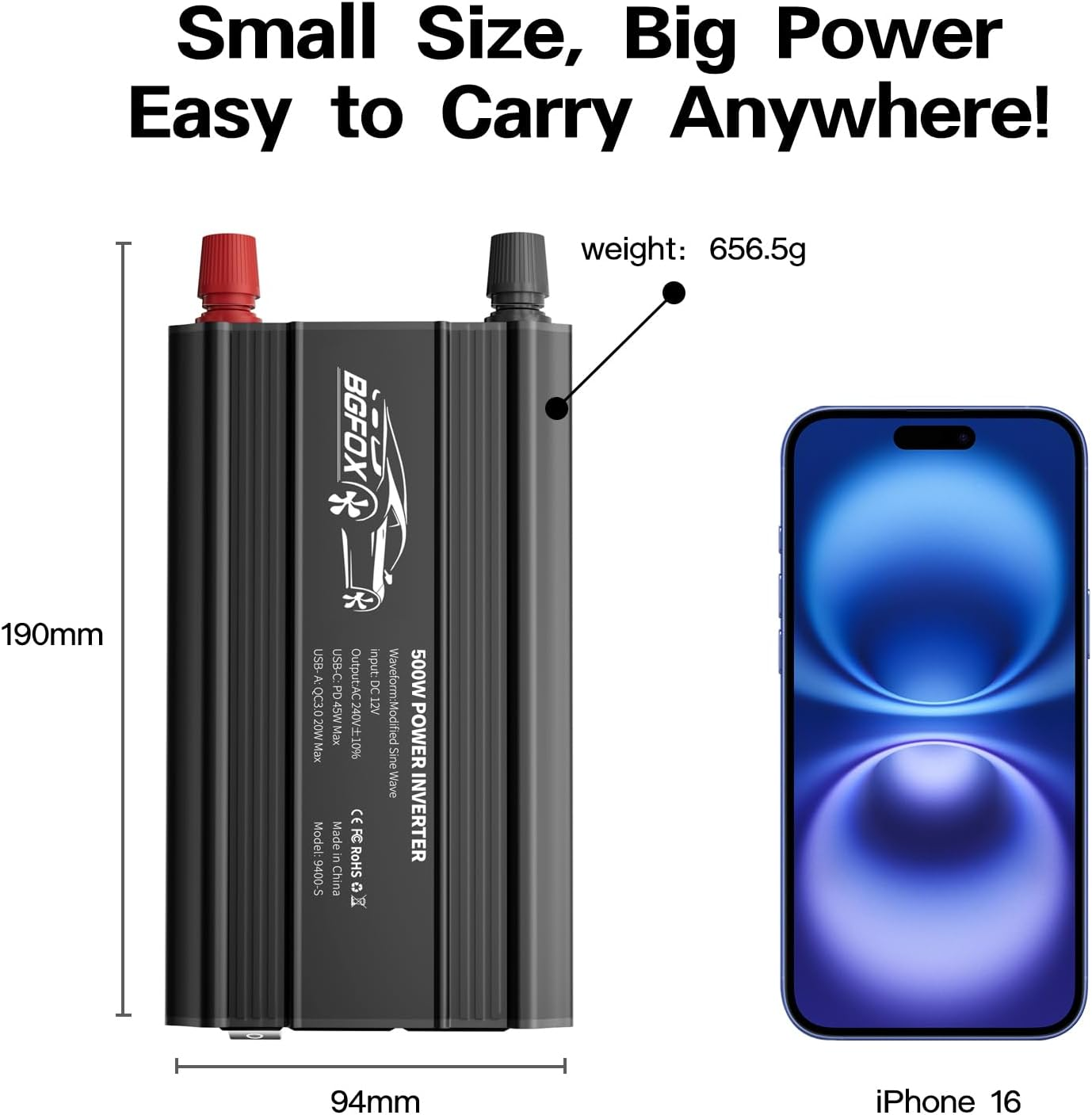 BGFOX 500W Car Power Inverter DC 12V to 240V AC Converter with 1 USB Ports and 1 PD Outlet, Car Charger Adpater for Road Trip and Camping-Black image number 5