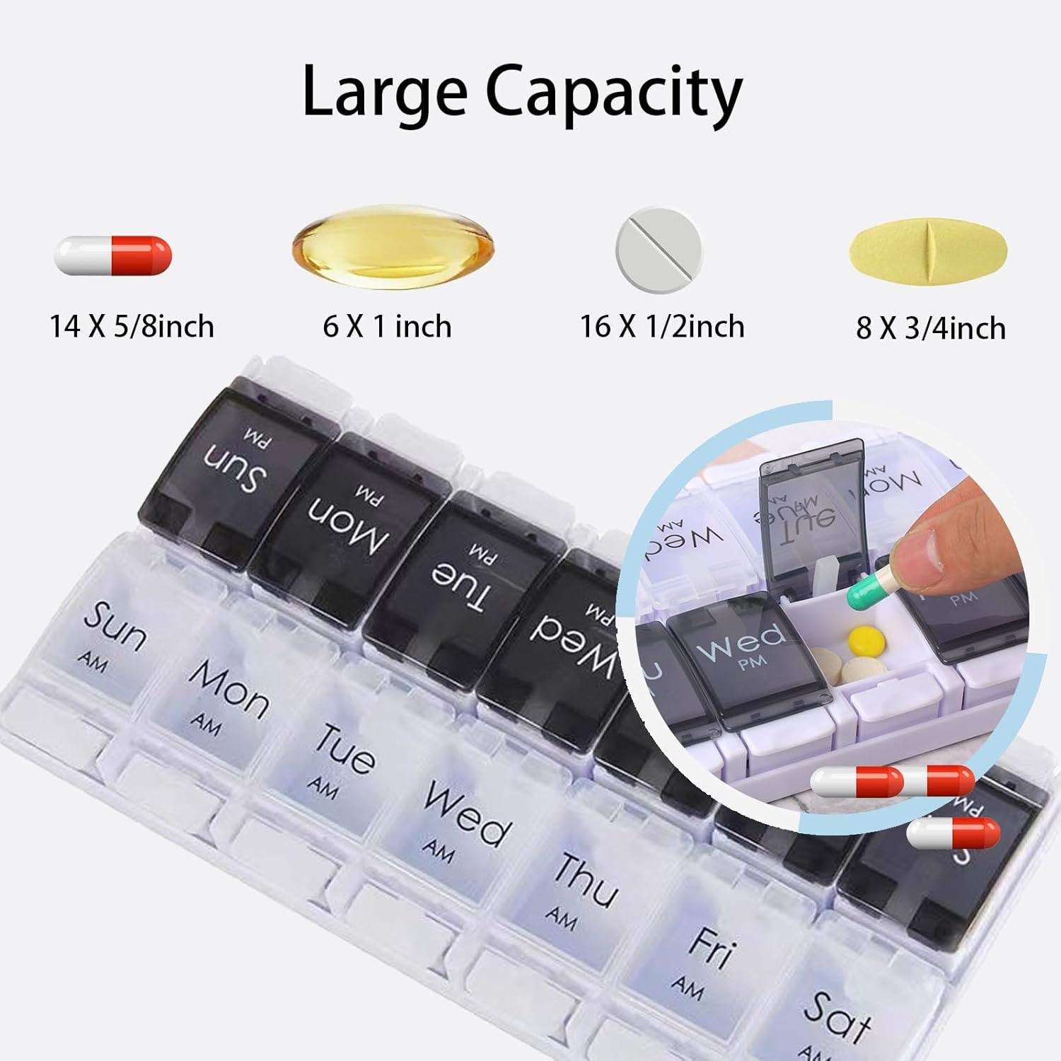 7-Day Pill Organizer (Black/White) | AM/PM Weekly Pill Case with Removable Trays & Push-Button Design | Bpa-Free, Large Capacity for Fish Oil, Vitamins, Supplements | Travel-Friendly Medication Box (14 Compartments) image number 1