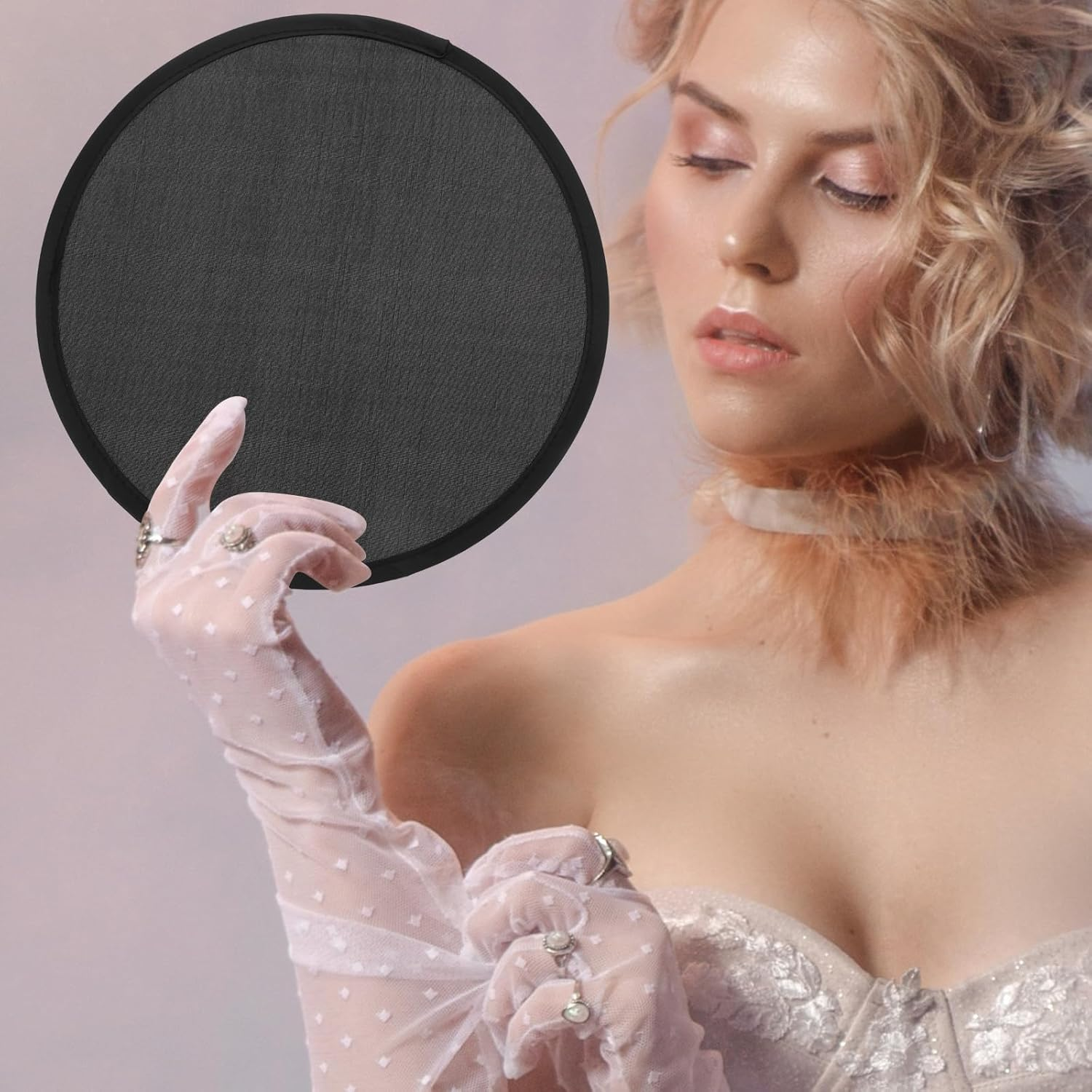 Cabilock 5Pcs Folding Fans, Portable Handheld round Fans, Black 10 Inch, Collapsible for Summer, Party, Wedding, Travel, Office, Plastic and Fabric Material - White image number 2