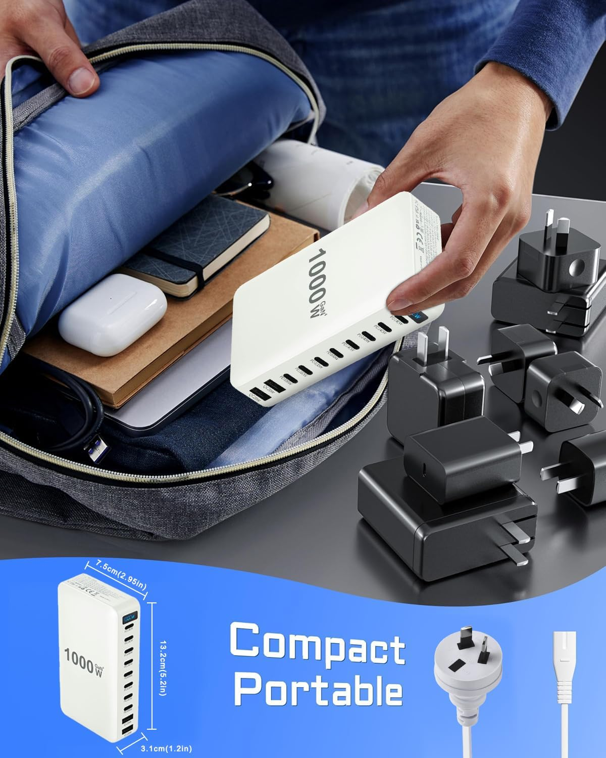 Cyperever 1000W USB C Fast Charger Block,10 Port USB Charging Station,Gan III 10-Port Fast Charging Station Hub,Pd 3.1 140W Laptop Charger Adapter Compatible with Macbook,Dell,Iphone Galaxy (White)