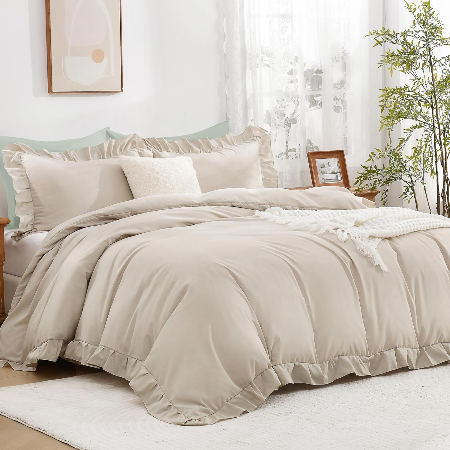 Andency White Ruffle Duvet Cover Full(79X90Inch), 3 Pieces Farmhouse Shabby Chic Ruffled Duvet Cover, Soft Microfiber Duvet Cover Set with Zipper Closure, Corner Ties