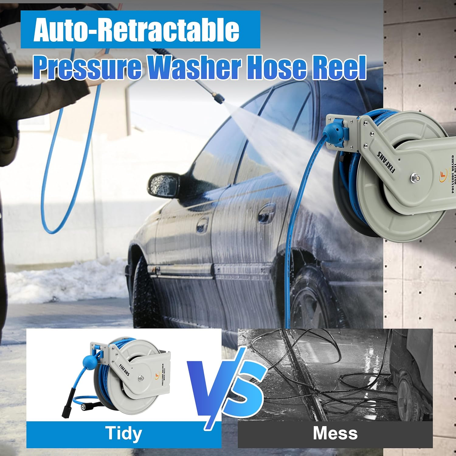 FIXFANS Pressure Washer Hose Reel with Hose, 1/4" &times; 60Ft Retractable Power Washer Hose Reel, Heavy Duty Hose Reel Auto Rewind, Wall Mounted, 3600 PSI image number 4