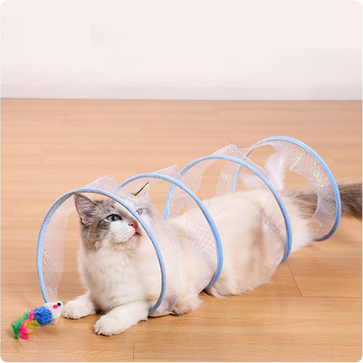 Andiker Folded Cat Tunnel Spring Toy, 8 Inch Spiral Cat Tunnel Toy with Feather & Ball & Bell, 3-In-1 Folded Cat Tubes, Interactive Cat Toy for Cats (Blue, S) image number 2