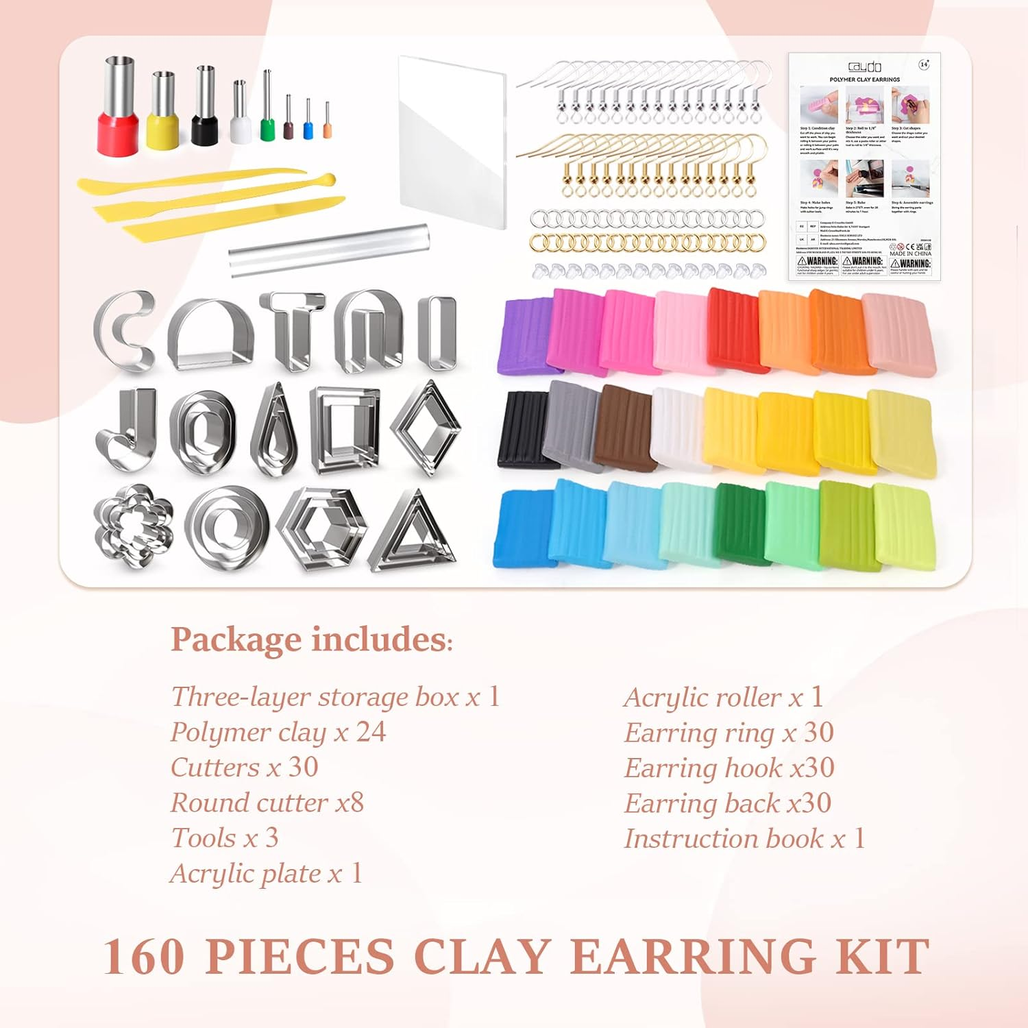 Caydo Polymer Clay Earring Making Kit with 3 Layer Storage Box, 30 Earring Cutters, 24 Colors, 8 Circle Cutters, Clay Tools and Earring Accessories for Clay Earrings Jewelry Making image number 4
