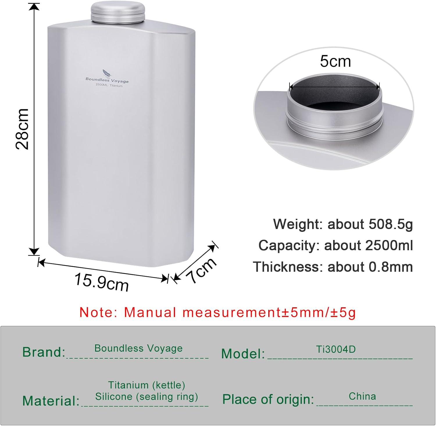 Boundless Voyage Titanium Water Bottle 2500ML Big Capacity Sports Water Bottle Ultralight Leakproof Drinkware for Outdoor Camping Hiking Ti3004D image number 4