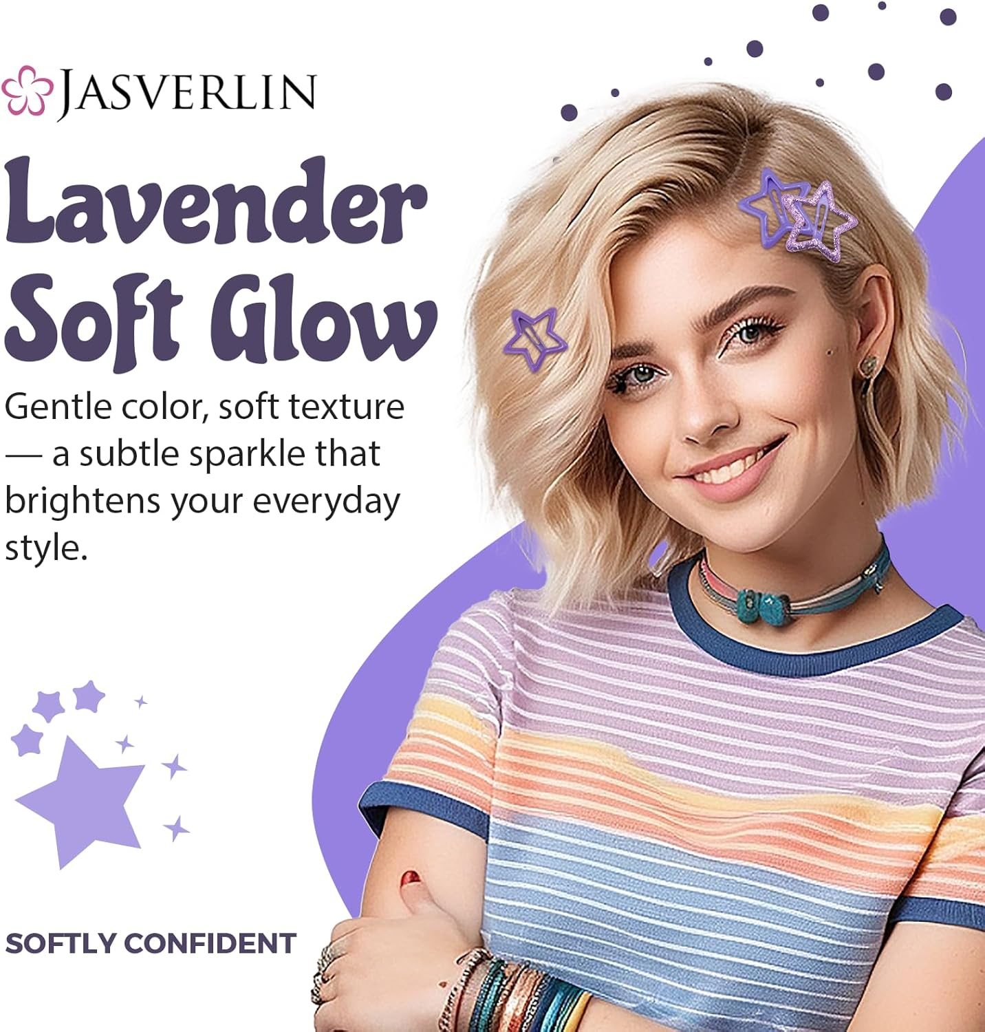 JASVERLIN 36 Pcs Star Hair Clips, Y2K Cute Snap Barrettes for Women Thin Thick Hair, Colorful Kawaii Girls Rave Accessories Glitter Non Slip Metal Hairclips Assorted Sizes (Purple) image number 6