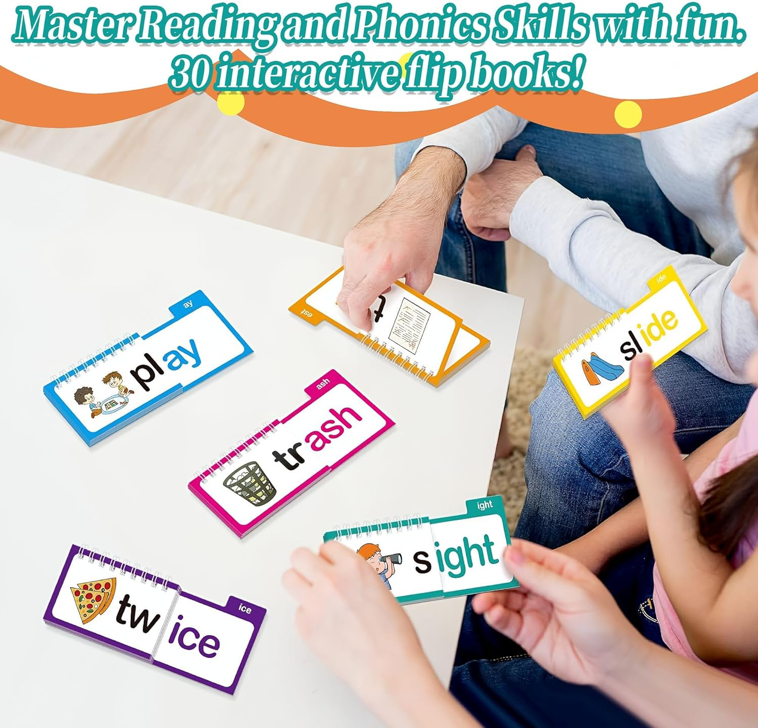 30 Read and Rhyme Flip Books - Word Family Phonics Flash Cards, ABC Vocabulary Set, Preschool Learning Activities&ndash; Learn to Read Card Aids for Kids, Kindergarten Reading Games Educational Gift Set image number 1