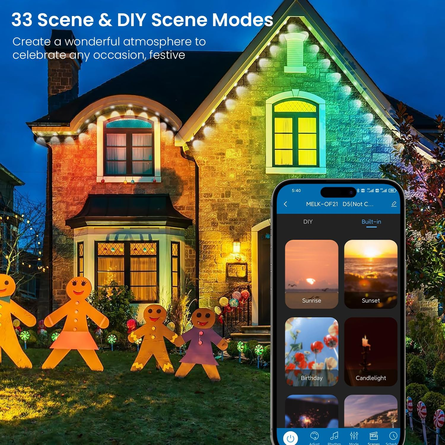 TONGLIN Permanent String Lights Outdoor, 30 Meter Smart RGB Outdoor Lights Decor with 60 Leds, App and Remote Control, IP67 Waterproof, House Roof Outdoor Lighting for Party, Garden, Valentine'S Day image number 3