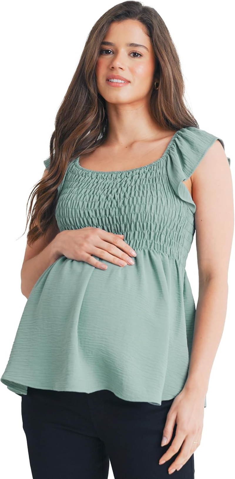 Women'S Square Neck Smocked Blouse Ruffle Cap Sleeve Maternity Top