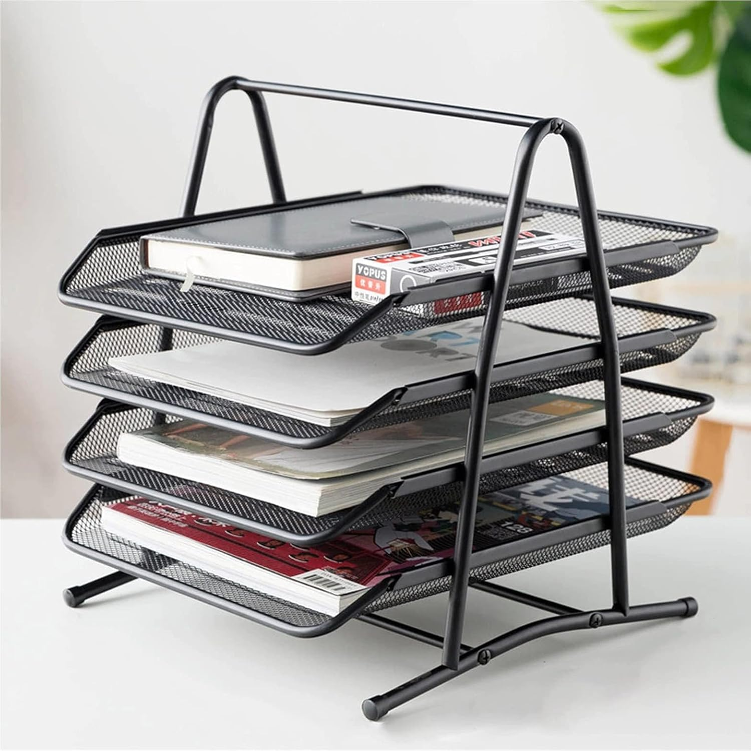 4-Tier Stackable Office Letter Organizer, Desk Tray, Metal Mesh File Storage, Desktop Organizer 12" L X 13.75" W X 12.5" H, (Black)