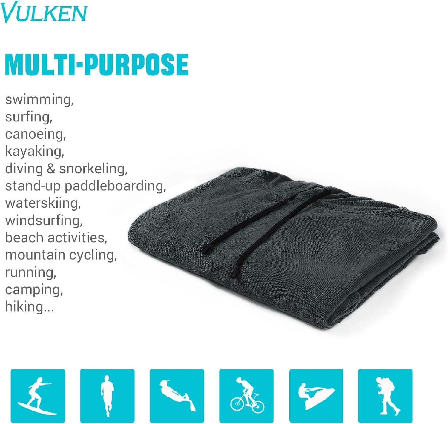 Vulken Thick Hooded Beach Towel Changing Robe, 3/4 Sleeve Surf Poncho for Men and Women, Easy Change, Microfiber Towelling for Beach Swimming, 39" X 33", Black