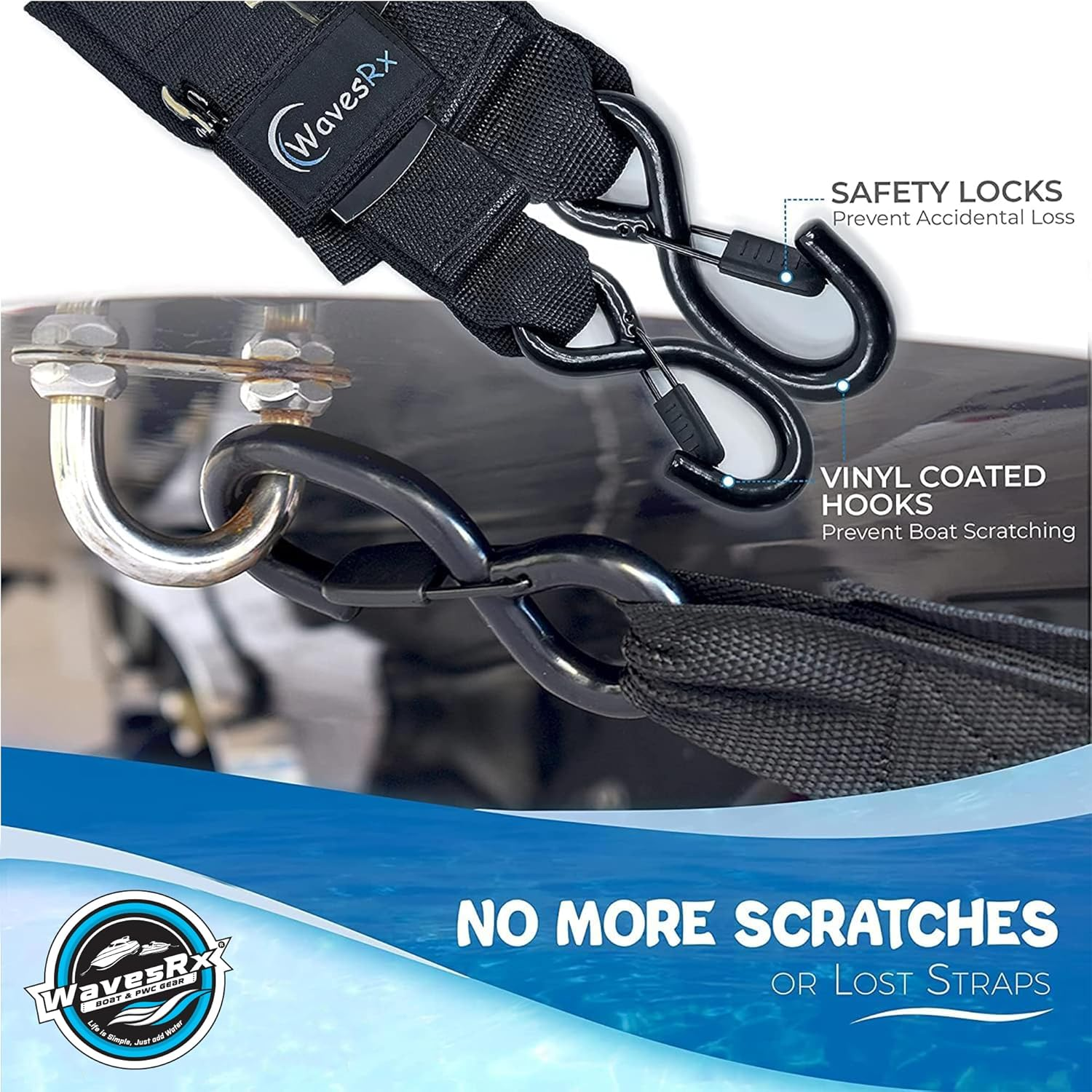 Wavesrx Marine Boat Trailer Transom Tie-Down (2 Pack) | Adjustable 2"X48" Safety Straps | 1200 LBS Capacity to Securely Transport Boats, Jet Skis and Other PWC image number 6