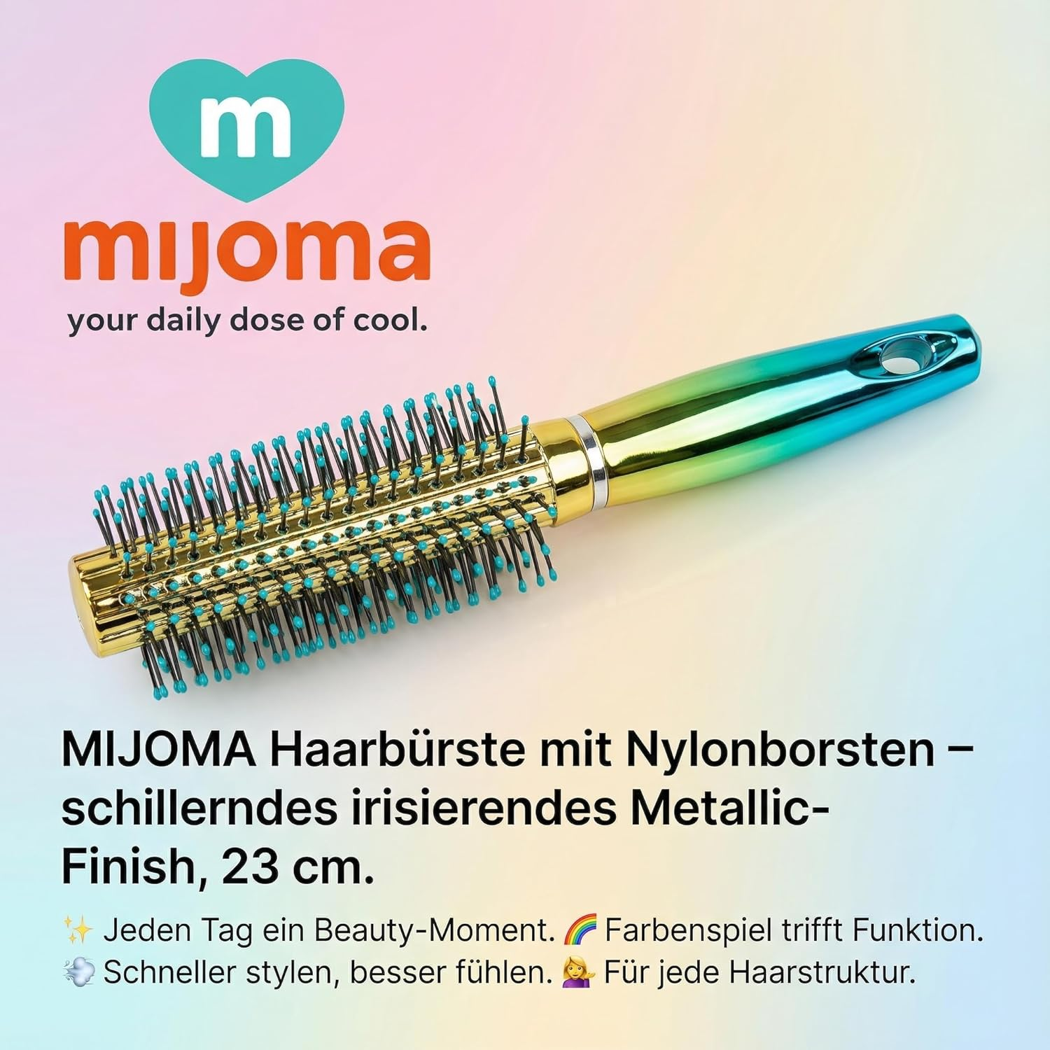 MIJOMA Nylon Bristle Hair Brush - Iridescent Metallic Finish - Ergonomic Handle - Ideal for Daily Styling & Grooming (Round Brush - 23Cm) image number 4