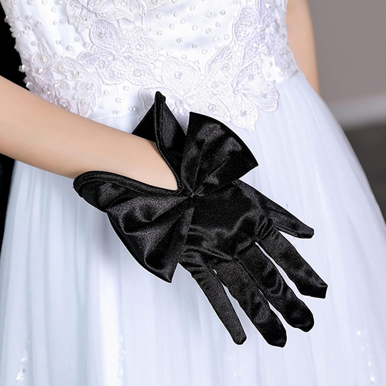 Lopsity Women Black Satin Gloves Wrist Length Gloves Bridal Gloves Tea Party Gloves Costume 1920S for Wedding Opera Dinner Party image number 1