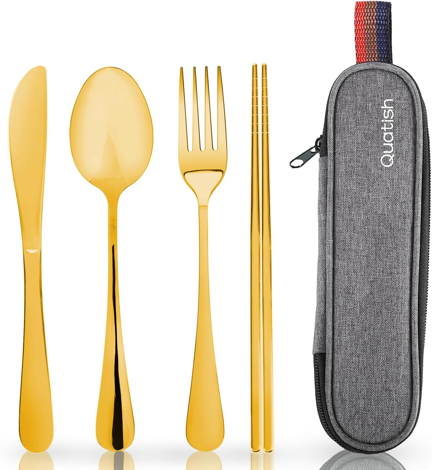 Travel Utensils with Case, Quatish Portable Utensil Set for Work, Stainless Steel Reusable Travel Cutlery Set, Spoon and Fork Set for Camping, Picnic, Gadgets, Men Lunch Box, Rainbow