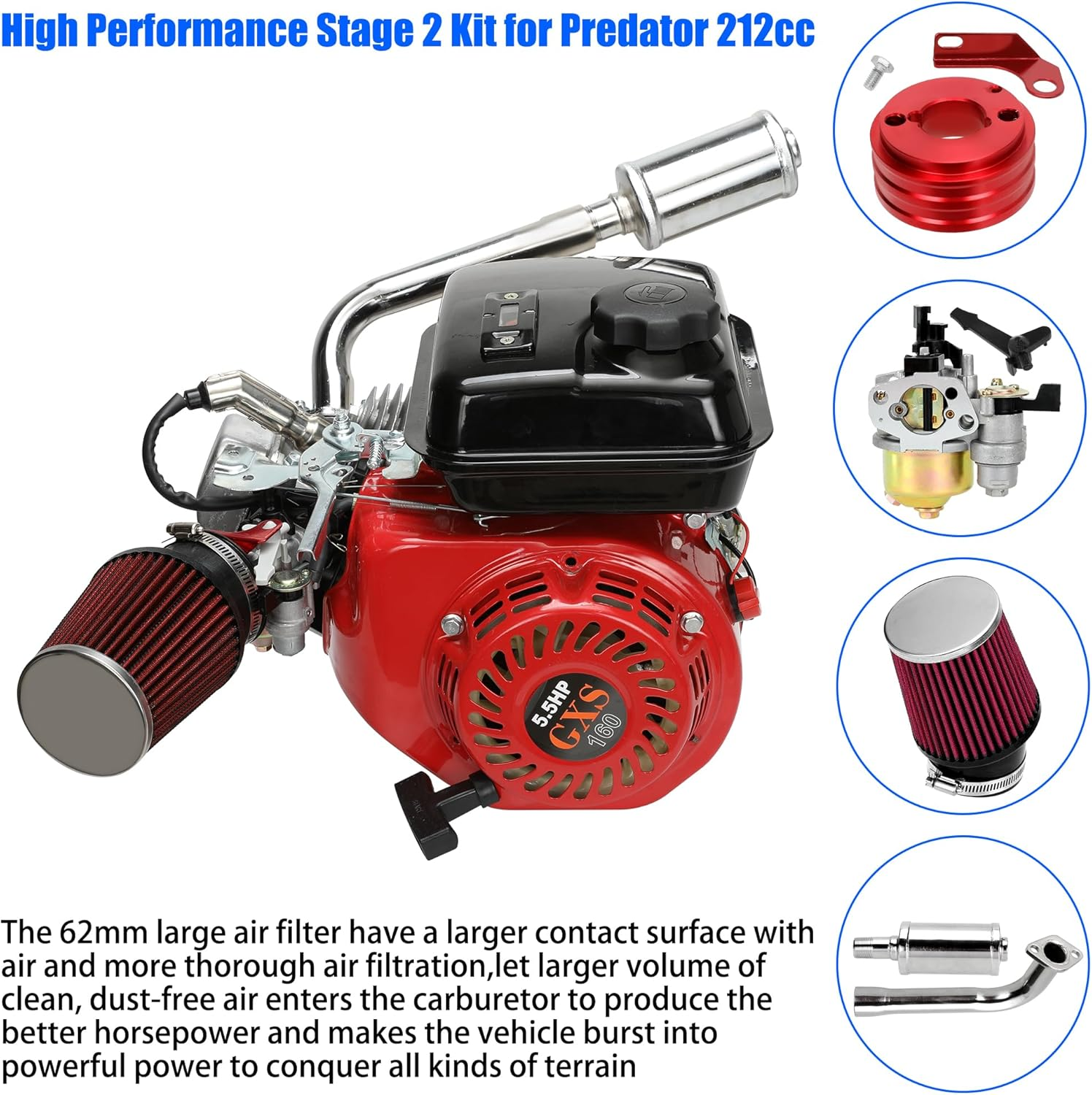 YOXUFA 212Cc Carburetor Exhaust Pipe Muffler Stage 2 Kit for Predator 212Cc 224Cc 196Cc 200 6.5Hp Engine Coleman CT200U BT200X CT200U-EX Baja Warrior MB200 GX160 Mini Bike Go Kart Parts - Black image number 3