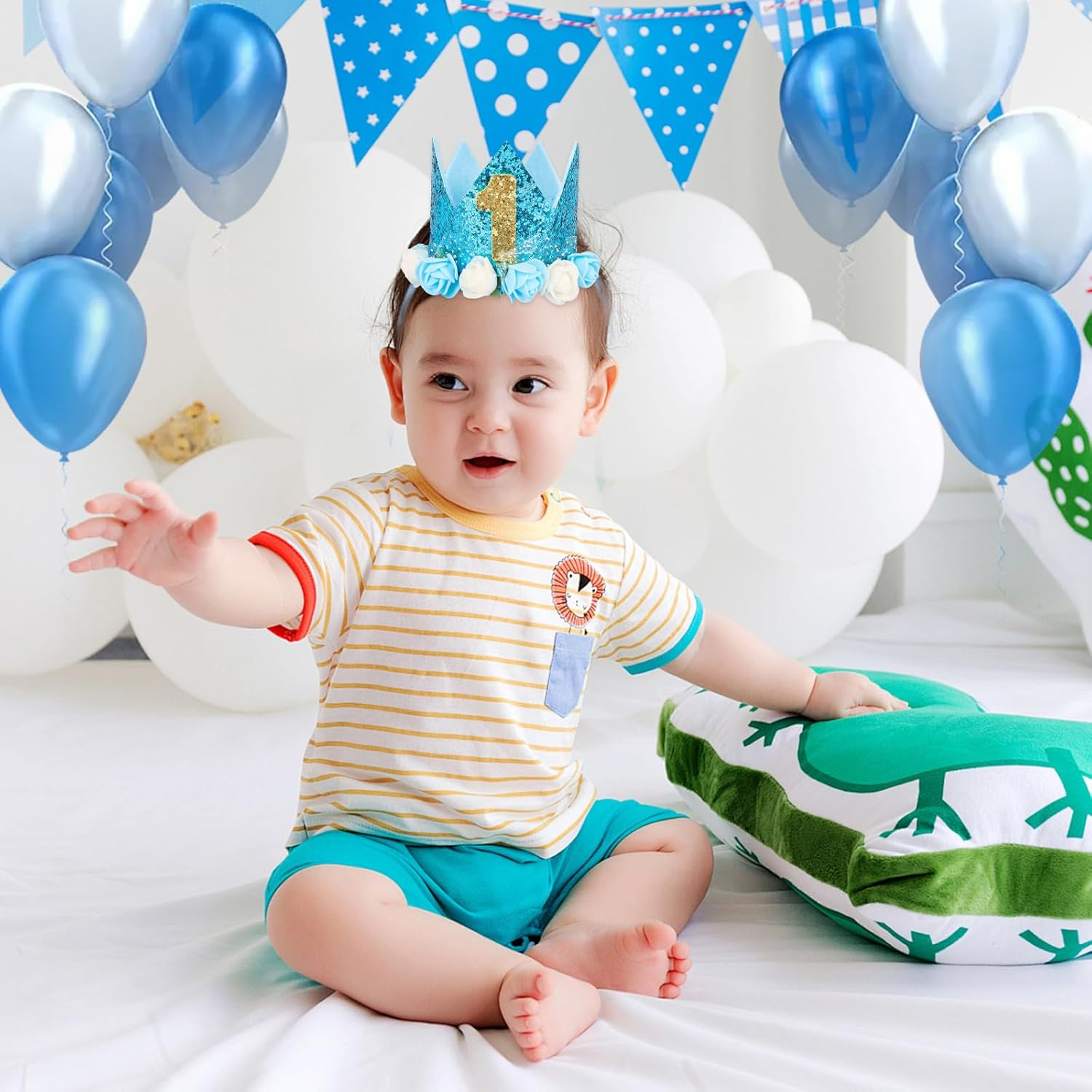 Kufaerbeam First Birthday Crown Hat and Birthday Flag for Baby Girls, 1St Birthday Crown Hat Decorations with Cute Floral, Headband Gift Photo Prop 1St Birthday Party Supplies for Baby image number 3
