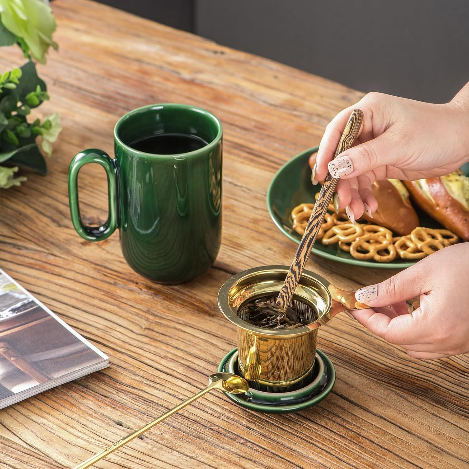 Vicrays Ceramic Tea Cup Mug Infuser Large 16 Oz Hot Loose Steeping Handle Teacup with Leaf Infuser Spoon Lid - Blue Tall Glazed Strainer Coffee Mug Microwave Safe - Green image number 3