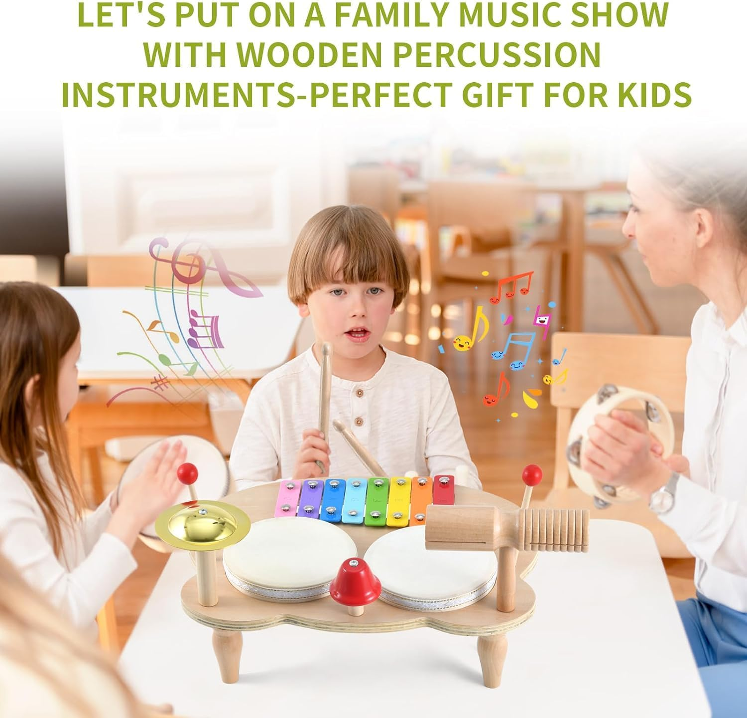 Kids Drum Set for Toddlers Baby Music Instruments 7 in 1 Montessori Preschool Musical Toys Children Drum Kit Xylophone Tambourine Birthday Gifts for Boys and Girls Natural Wooden Music Kit image number 2