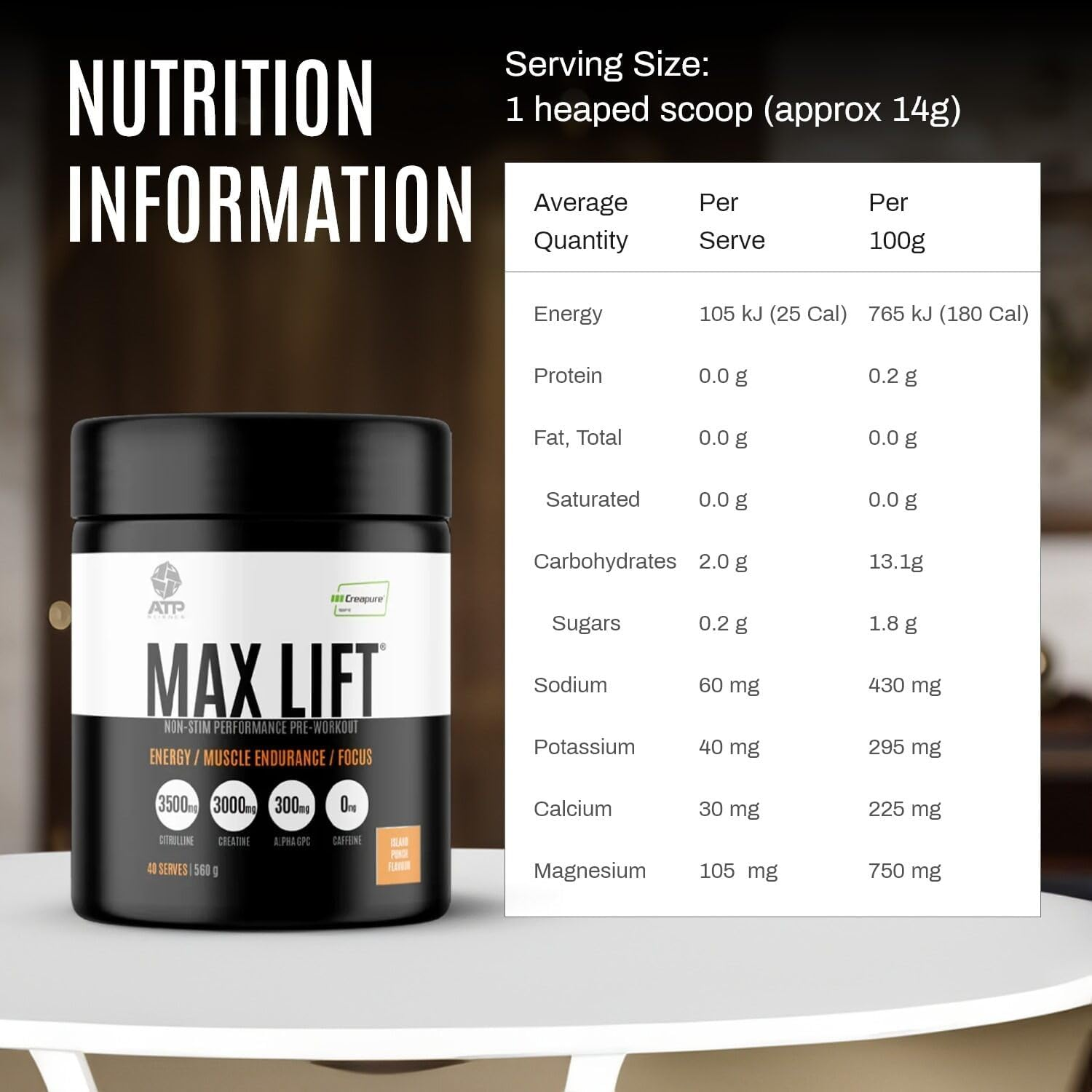 ATP Science Max Lift Preworkout Powder, Enriched with Creatine, Electrolytes, Amino Acids and More, Enhances Blood Flow, Boosts Performance, Maximises Muscle Endurance, Flavour - Island Punch, 560G