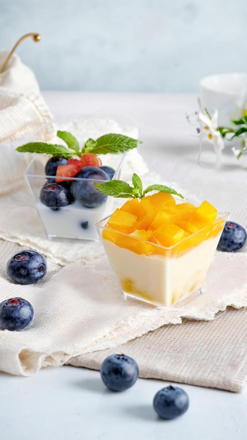 Honwor 50-Pack Clear Mini Dessert Cups with Spoons - Reusable, Square Parfait Cups for Tastings, Apizers, & More - 2.02Oz