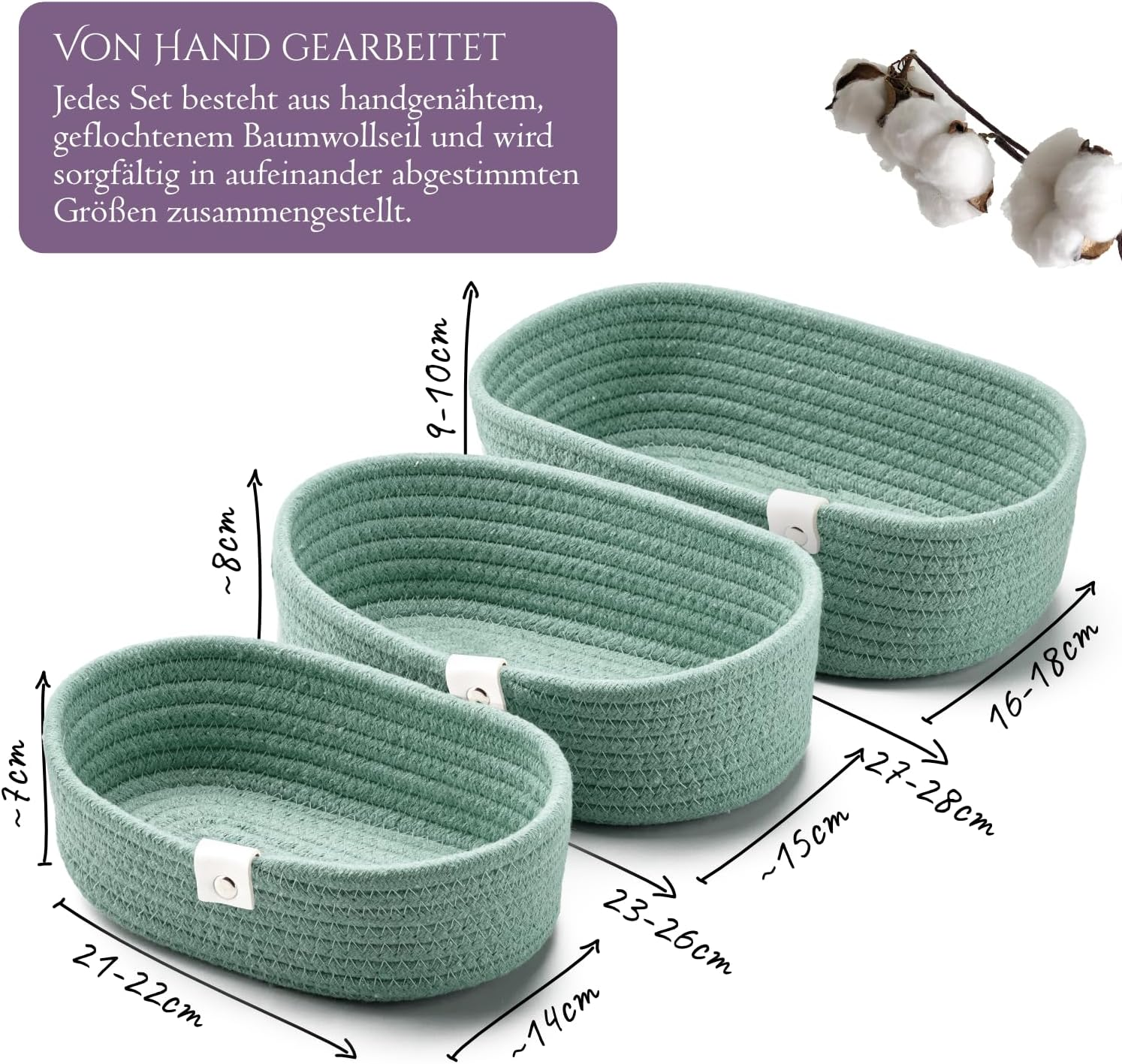 Gem of Oak Storage Baskets Oval Sea Green for Shelves Cupboards Bedroom Bathroom Organisation Drawer Cabinet Chest of Drawers Children'S Room Decoration Decorative Basket Set of 3 image number 1