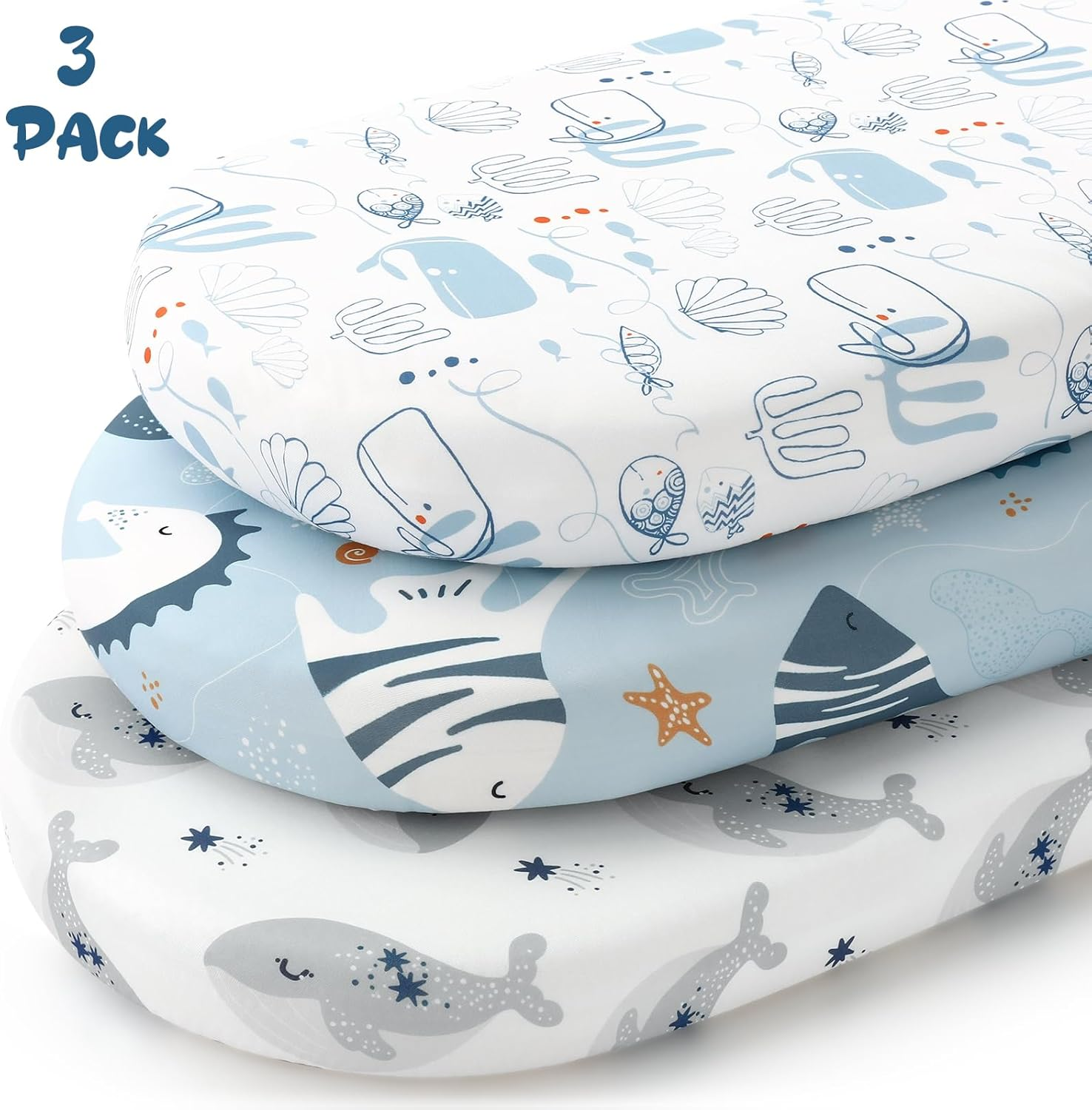 Yoofoss Bassinet Sheets Baby Girl Boy, Fitted Bassinet Sheet Set 3 Pack Universal Fit for Cradle Moses Basket Oval Rectangle round Hourglass Mattress,Soft Breathable (Blue+Seahorse) image number 2