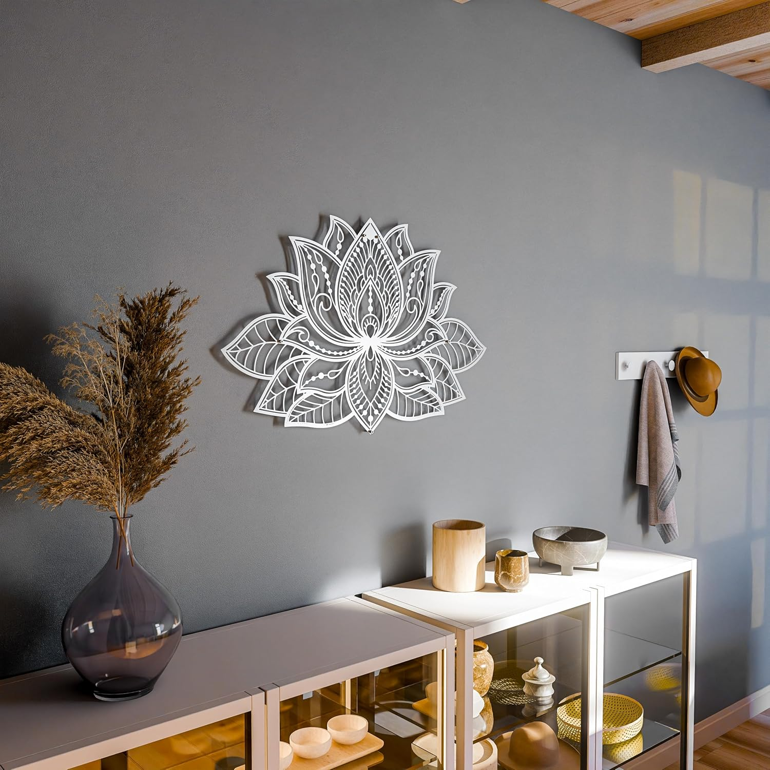 Iwa Concept Mandala Metal Wall Decor, Lotus Flower Meditation Room Decor, Minimalist Zen Garden Bohemian New Year (26.3" X 17" | 67 X 43 Cm, Silver) image number 3