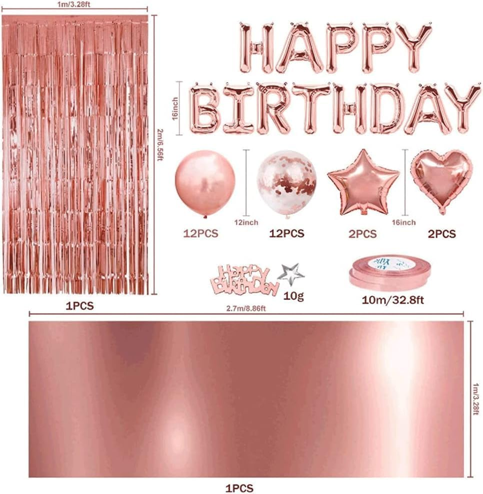 Rose Gold Balloons Party Decorations Supplies for Birthday, Wedding Decorations, Including Happy Birthday Banner, Sequin Table Runner, Rose Gold Balloons, Foil Fringe Curtains image number 2