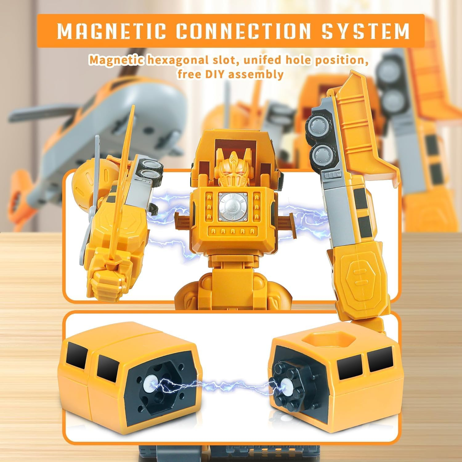 35Pc Magnetic Transform Engineering Car Set - Yellow Construction Toy Vehicle Set for Kids Aged 5-10, Includes Cars, Trucks, Forklifts, Excavators, Robots