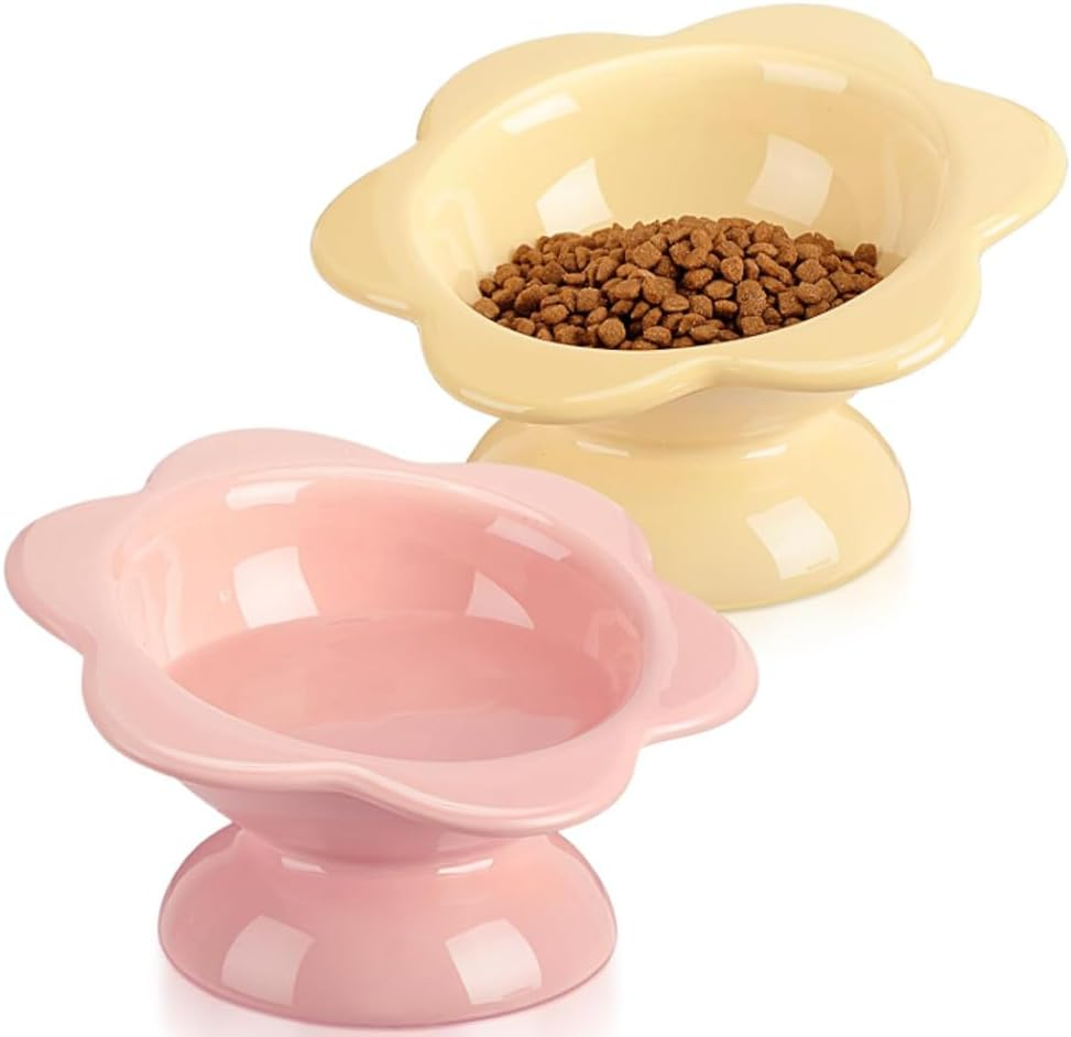 2 Piece Ceramic Cat Bowl, Flower Shaped Cat Food Bowl, Raised Slanted, Protect Spine, Suitable for Cats, Puppies, Rabbits, Small Animals (Pink, Yellow)