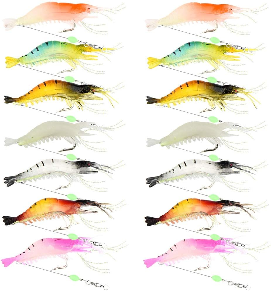 14Pcs Shrimp Bait Artificial Silicone Soft Baits Luminous Fishing Lure with Sharp Hooks Fishing Tackles Freshwater/Saltwater image number 3