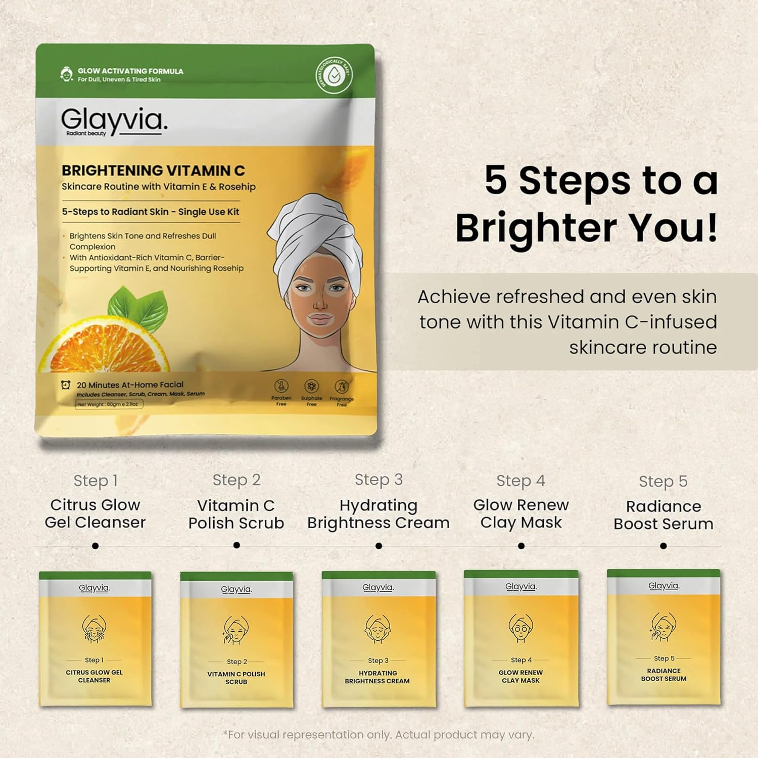 Glayvia Vitamin C Skincare Routine Kit &ndash; 5-Step Single-Use Brightening Routine | Vitamin C + Rosehip + Vitamin E | Fragrance Free, Suplhates Free & Parabens Free | 20-Minute At-Home Facial image number 6