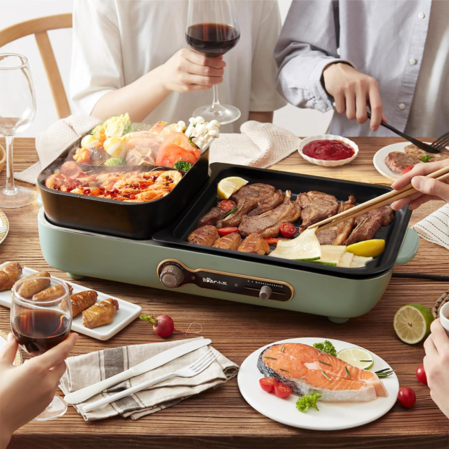 Electric Grill with Hot Pot, 2 in 1 Indoor Non-Stick Electric Hot Pot and Grill Cooker for Korean BBQ, Steaks, Shabu Shabu and Noodles, Independent Dual Temperature Control, Fast Heating, Green image number 4