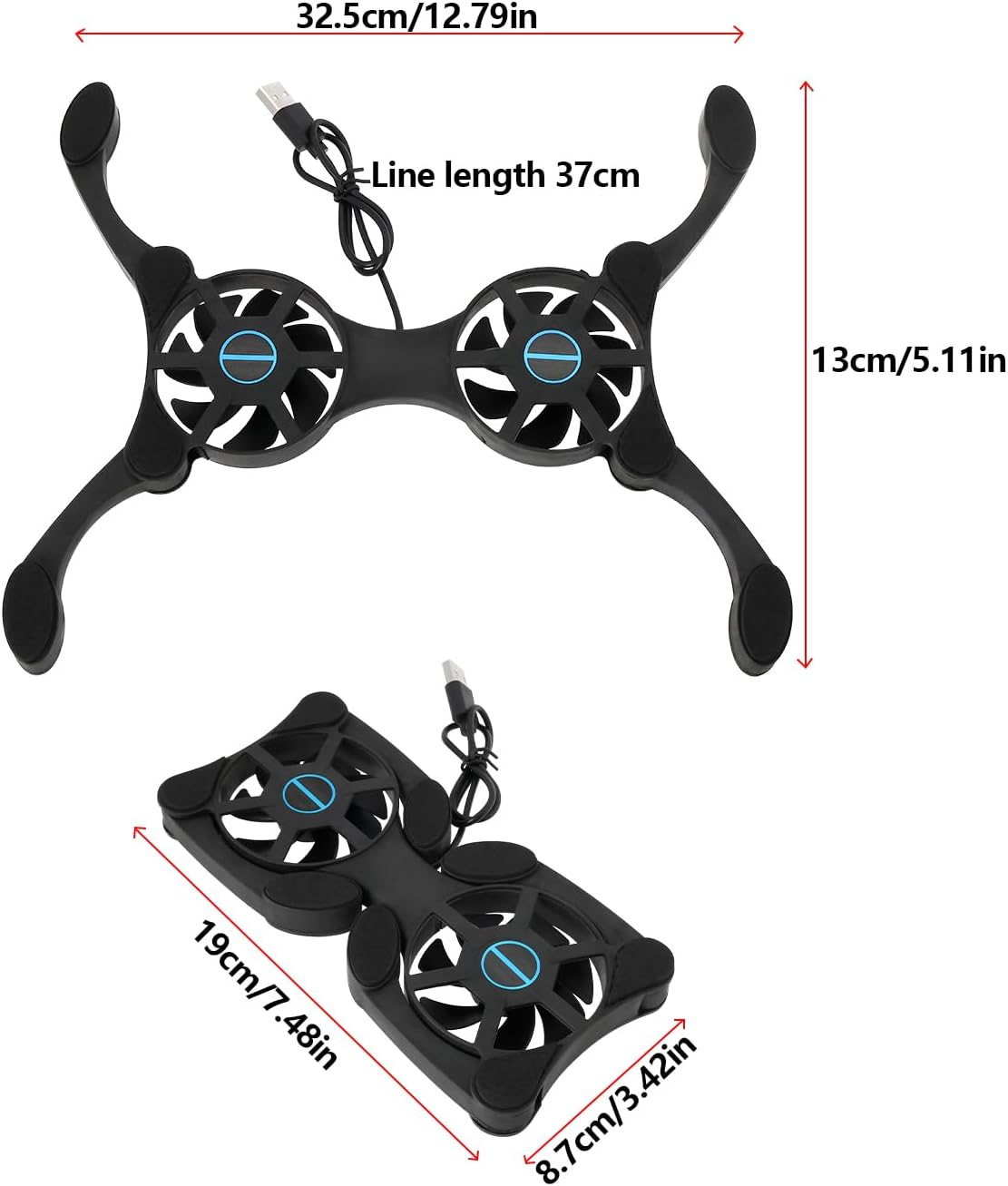 OTOTEC 2Pcs Laptop Cooling Mat Mini USB Fan Dual USB Cooling Fan Pad Portable Laptop Cooler for 7-15 Inch Laptop 19X8.7Cm/32.5X13Cm Line Length 37Cm