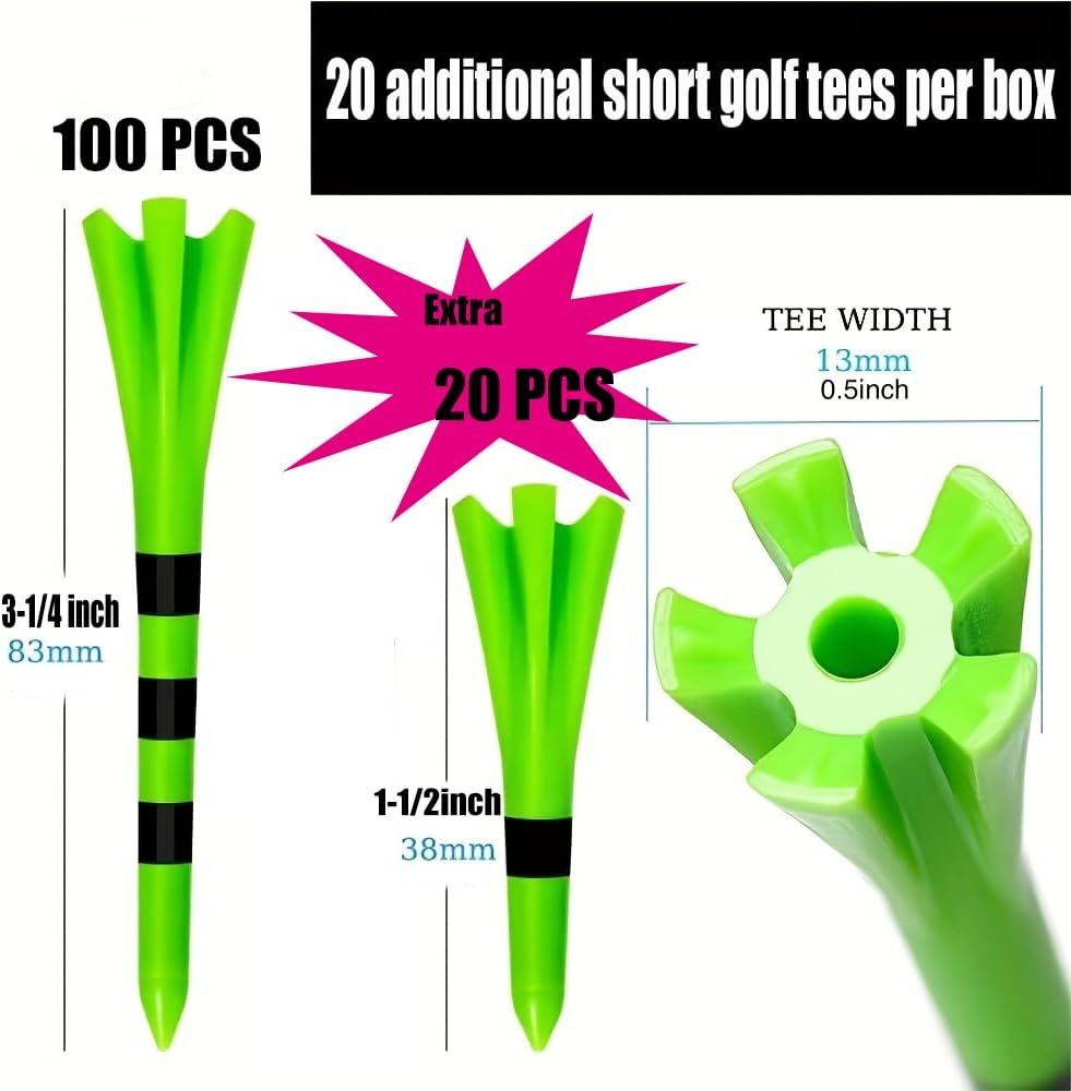 SWINGTEK 120 Pack Plastic Golf Tees,Contain 100 Pcs 3-1/4 Inch Unbreakable Long Tees and 20 Short Tees,Mixed Color,Frictional Resistance Reduction image number 6