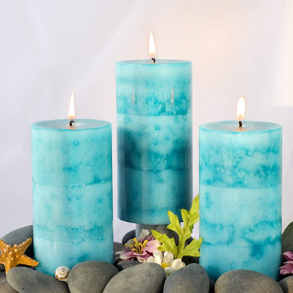 FLAVCHARM Pillar Scented Candles, Ocean Breeze, 3 Pack Teal 3X6 Inch Long-Lasting Clean Burning, Turquoise for Home D&eacute;cor, Bathroom, Wedding Decorations image number 5