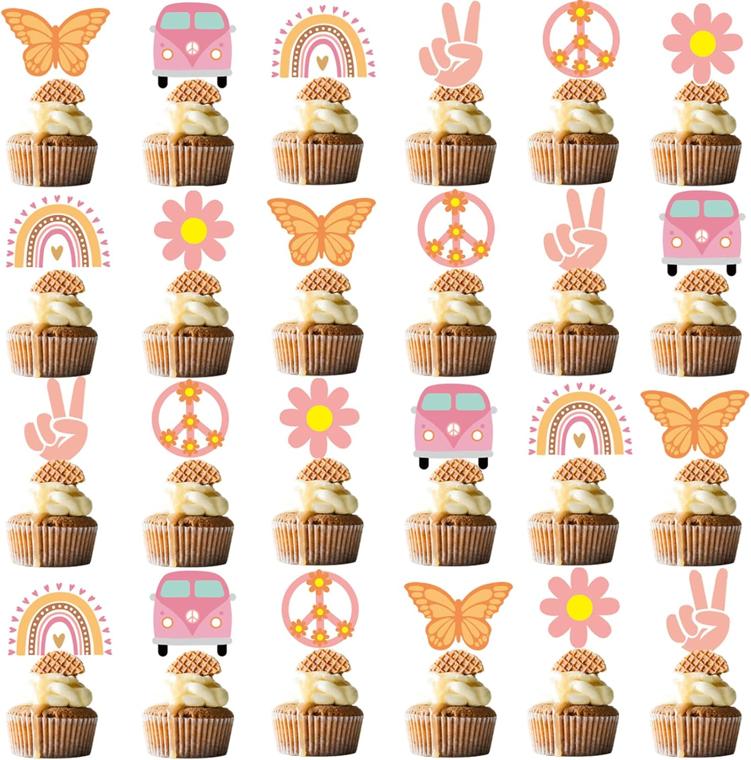 48Pcs Hippie Party Cupcake Toppers for Two Groovy Birthday Party Decorations Boho Rainbow Party Supplies