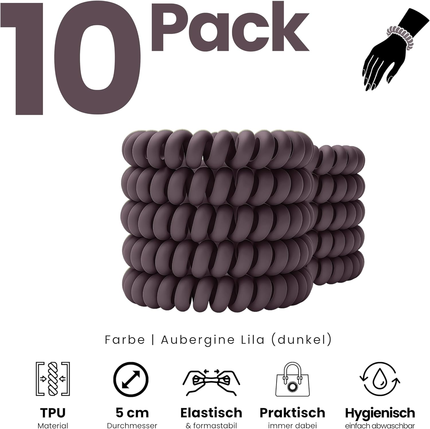 Specora Spiral Hair Scrunchies Aubergine Pack of 10-5 Cm - TPU - Telephone Cable Scrunchie - No Pulling & Tangling - Elastic, No Imprint, Gentle on Hair image number 3
