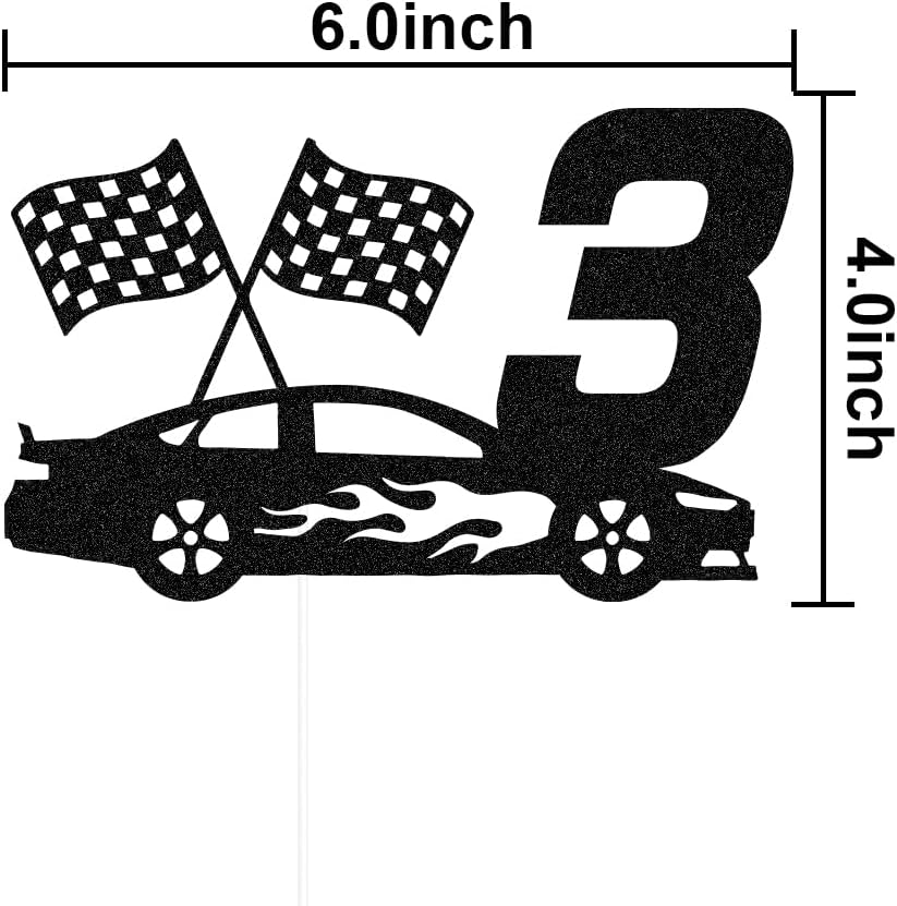 SWEETTALA Racing Car 3Rd Cake Topper for Race Car Checkered Flag Themed Kids Boy Girl 3 Years Old Birthday Party Decorations Black Glitter image number 2