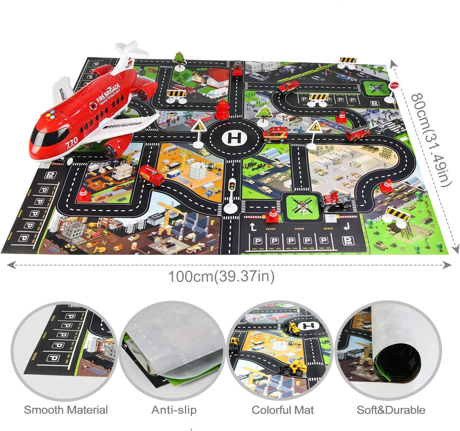 Coolplay Airplane Toy Car Set Red Airplane Light and Sound with Rescue Fire Trucks Road Signs Playmat for Kids Boy Toys image number 1