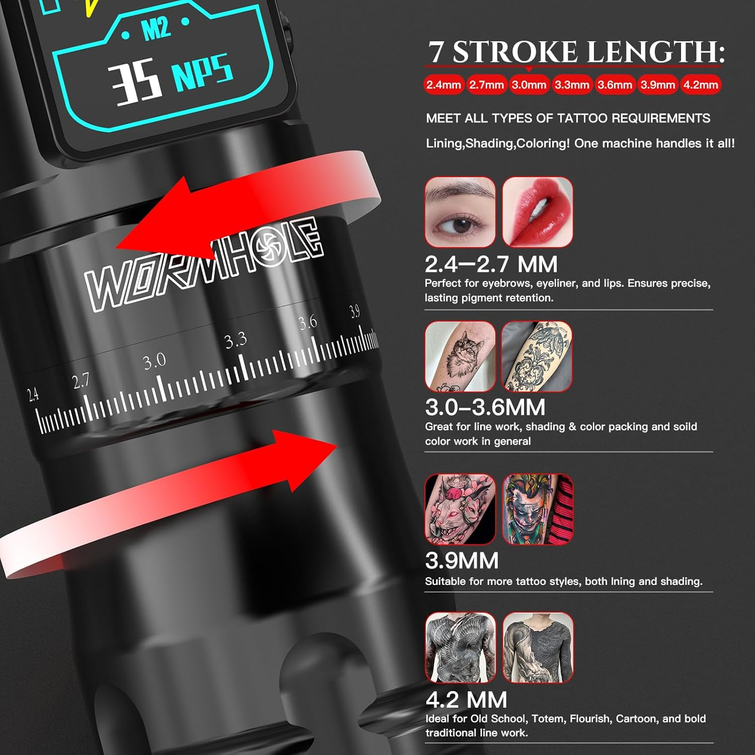 Wormhole Tattoo Gun for Artists Aluminum Alloy 7 Adjustable Stroke Wireless Tattoo Machine with 2300Mah Battery Lightweight Compact Rotary Tattoo Pen Powerful Motor Precision Professional - Black image number 1