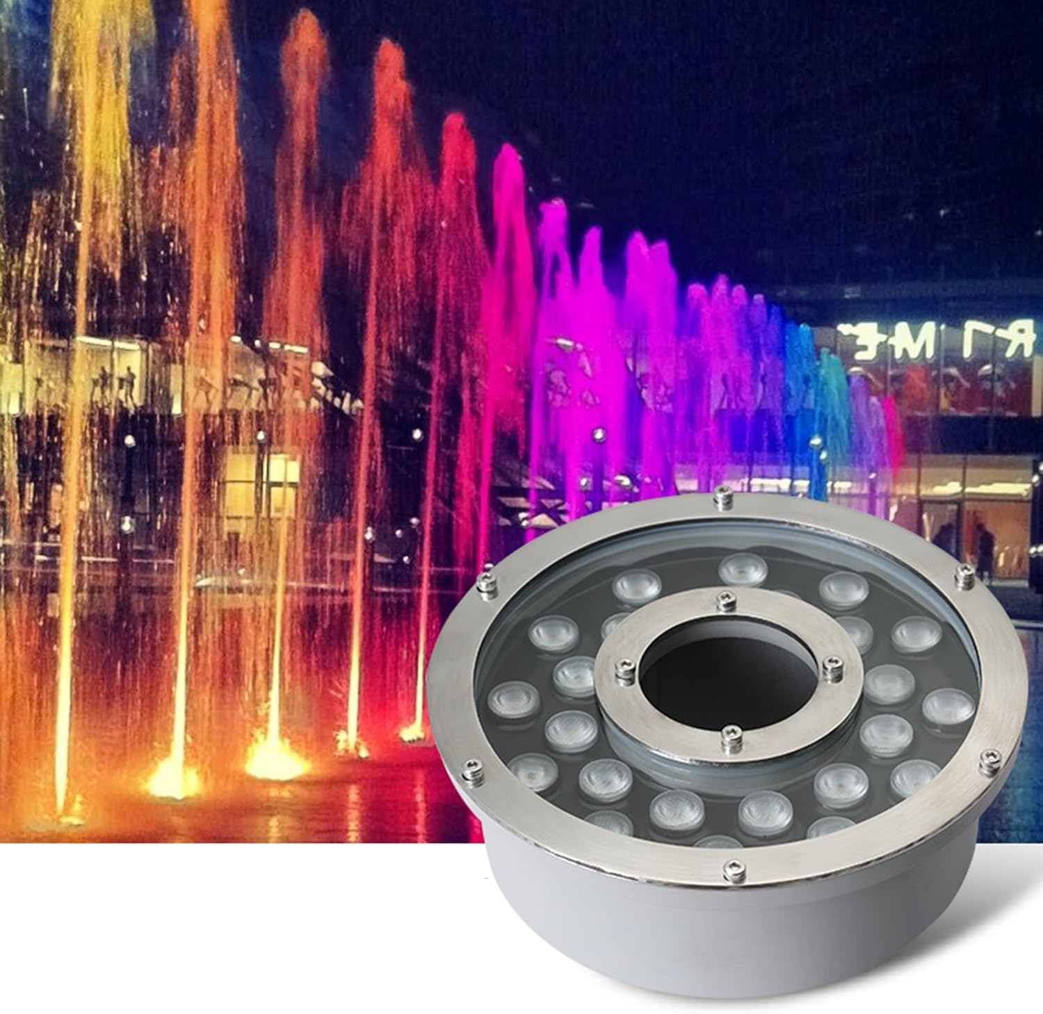 Led Ring Fountain Light 24W, IP68 Underwater Spotlight with Central Hole for Fountain Nozzle, Pond, Pool & Garden Landscape Water Feature Lighting RGB