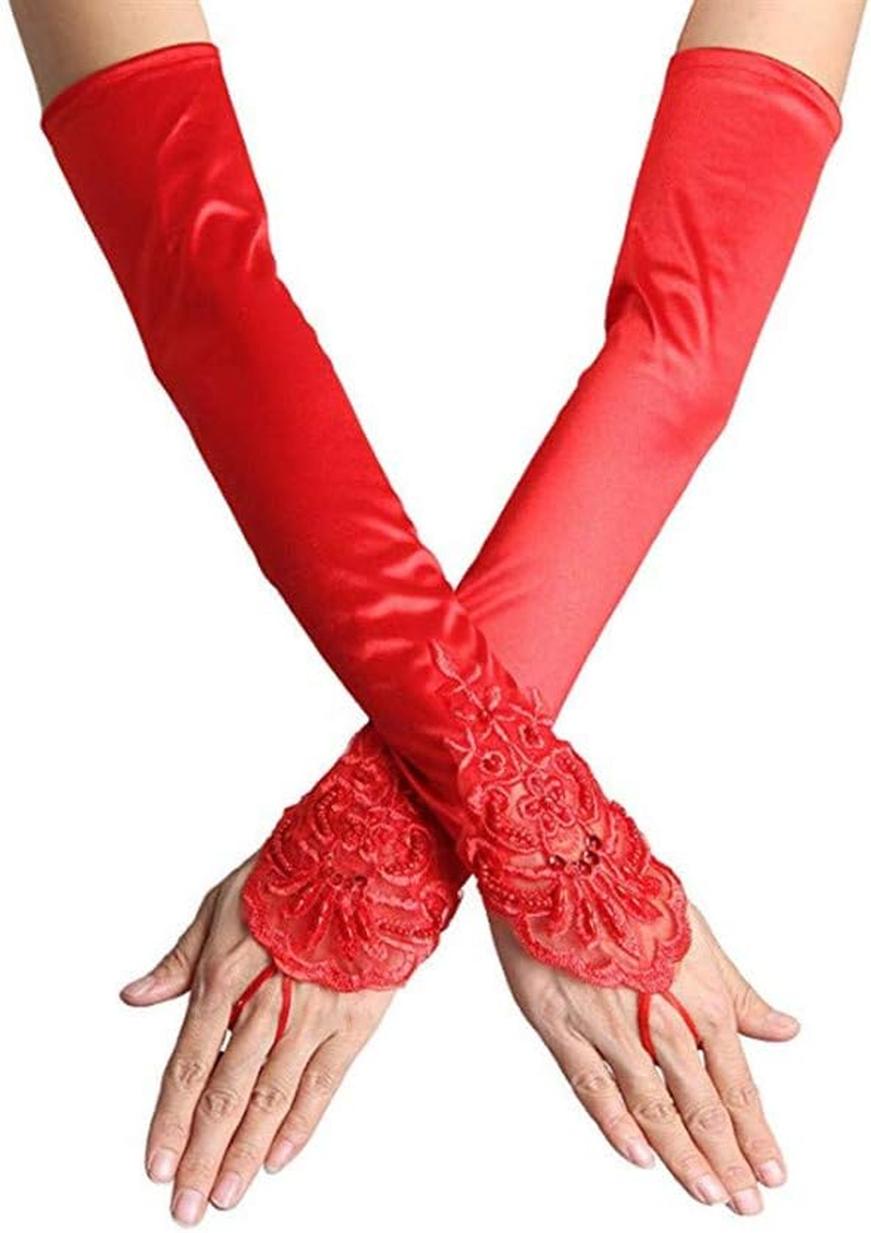 CENZICOM Women'S Lace Satin Bridal Party Fingerless Gloves Sequins Elegant
