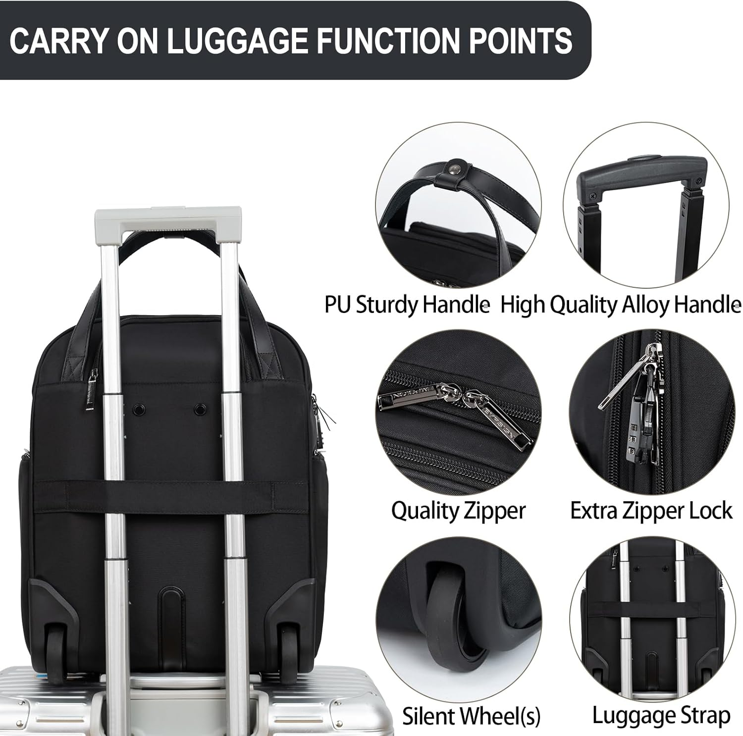 EMPSIGN Underseat Carry on Wheeled - 16" Carry on Bag with Wheels Multi-Functional Lightweight Rolling Bag Overnight Weekender Small Suitcase for Women Men Travel Business, Black image number 3