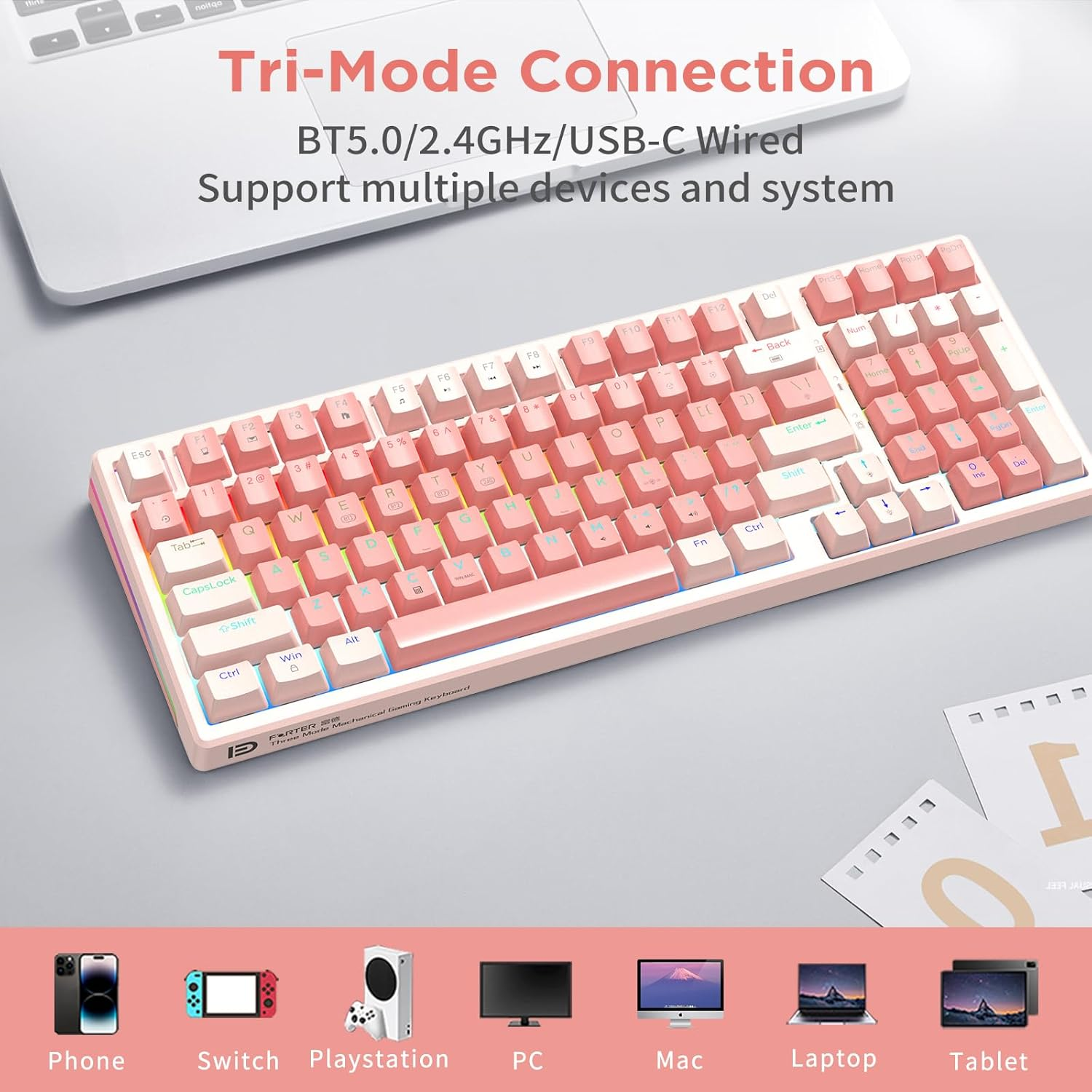 HUO JI 96% Wireless Mechanical Keyboard, Hot Swappable, Pre-Lubed Blue Switches, Gasket Structure, Bluetooth/2.4Ghz/Usb-C, Led Backlit, PBT Keycap Custom Gaming Keyboard for PC (Pink) - Pink image number 2