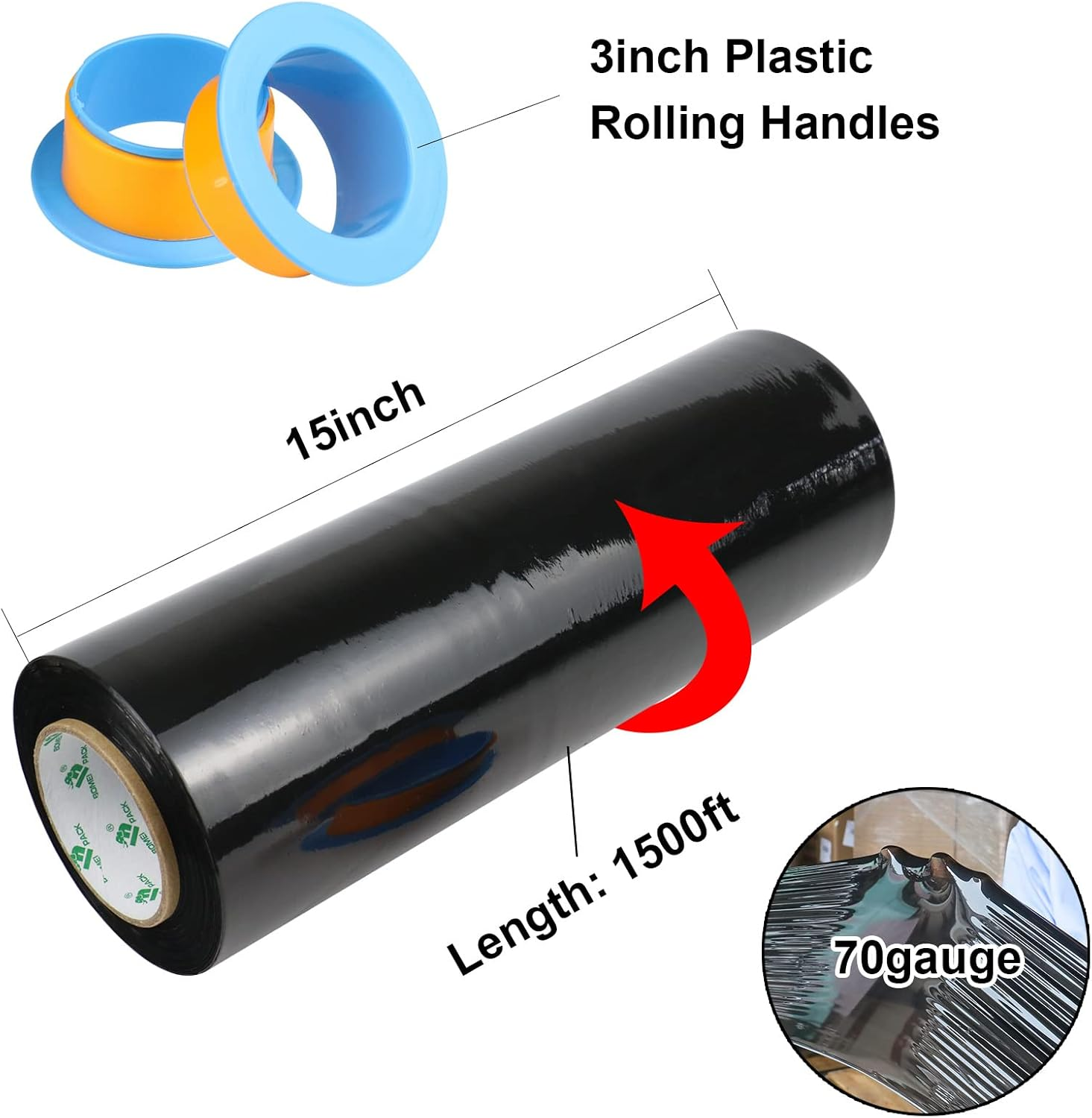 Black Stretch Shrink Wrap Film, Heavy Duty Packaging Stretch Film for Shipping, Moving, Pallet, 1 Roll with 1 Pair Hand Saver,15 Inch X 1476Ft, 70 Gauge,Bomei PACK image number 3