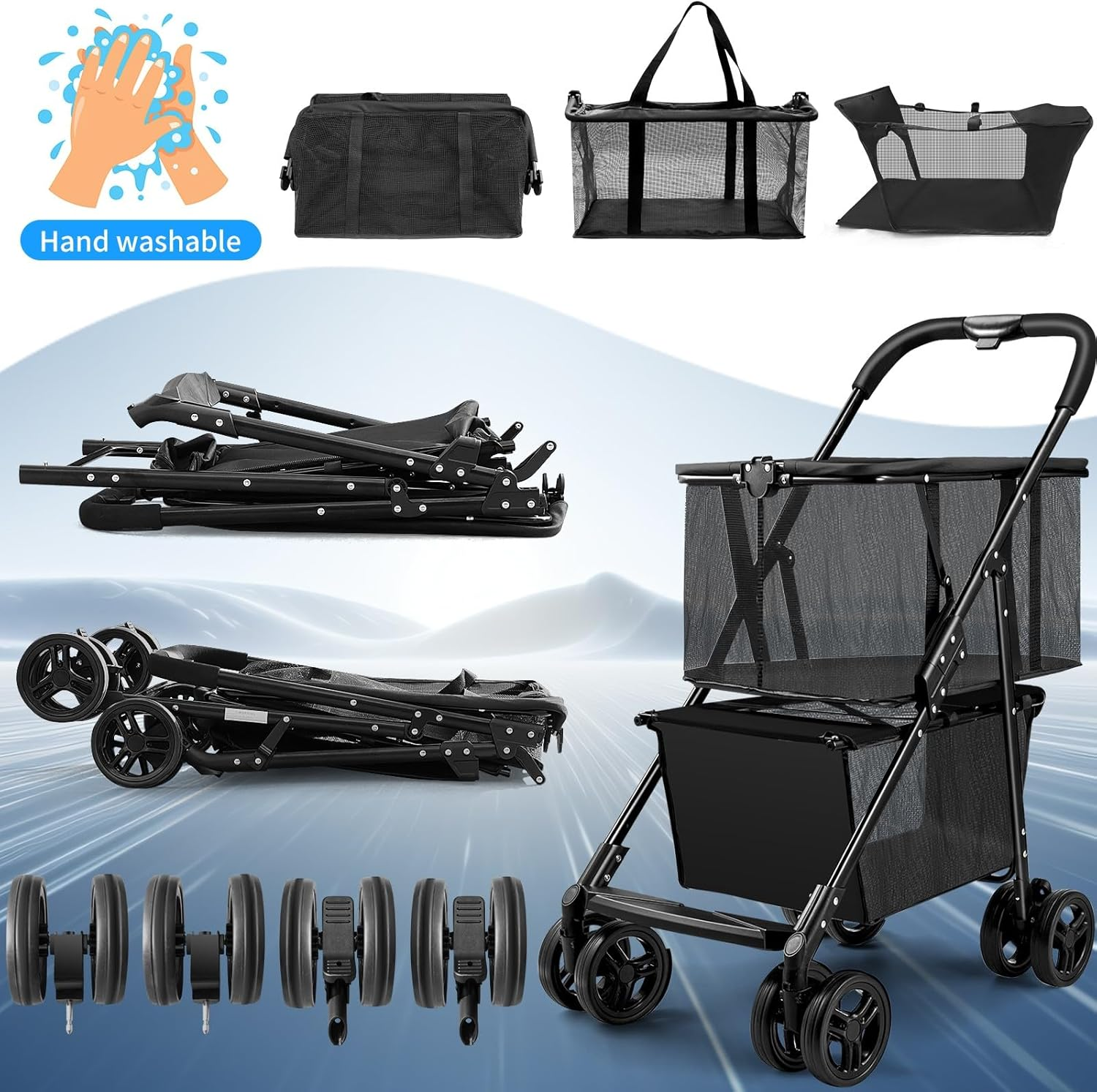 Foldable Shopping Cart 120 Liters Double Layer Portable Shopping Trolley Carts Grocery Cart Utility Cart with Removable Storage Bag Larger Capacity for Office Shopping Picnic Groceries Laundry image number 4