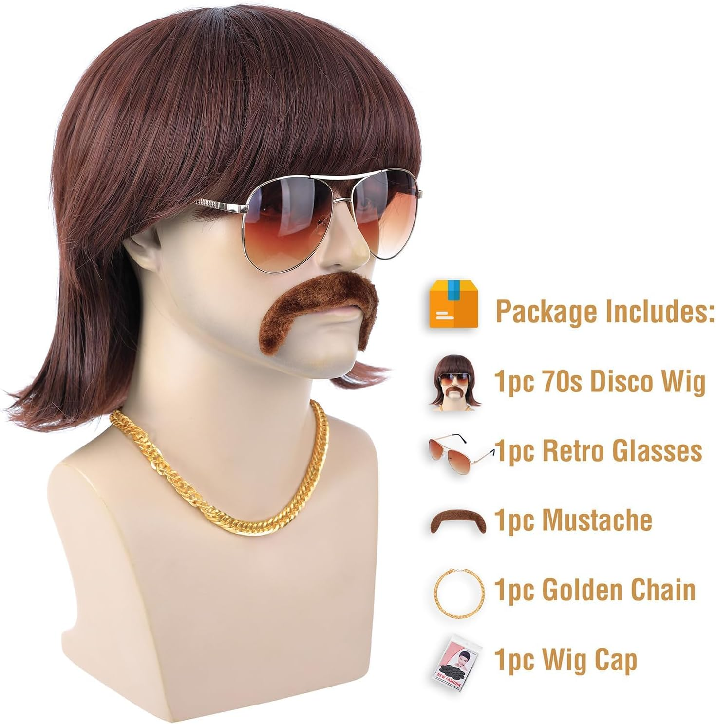 5Pcs Set 70S 80S Disco Wig with Mustache Glasses and Chain | Short Brown Mens Mullet Wig for 60S Singer Rocker Hippies Costume Cosplay Halloween Party image number 3