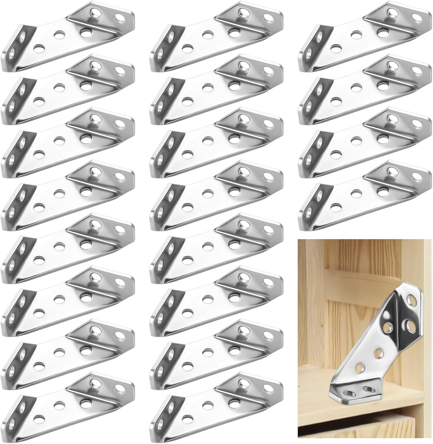 20PCS Universal Furniture Corner Connector, Stainless Steel Angle Corner Brackets, Corner Bracket for Wood, Corner Braces for Wood Shelf, Cabinets, Tables, Chairs, Shelf Support (65X28X13Mm) image number 1